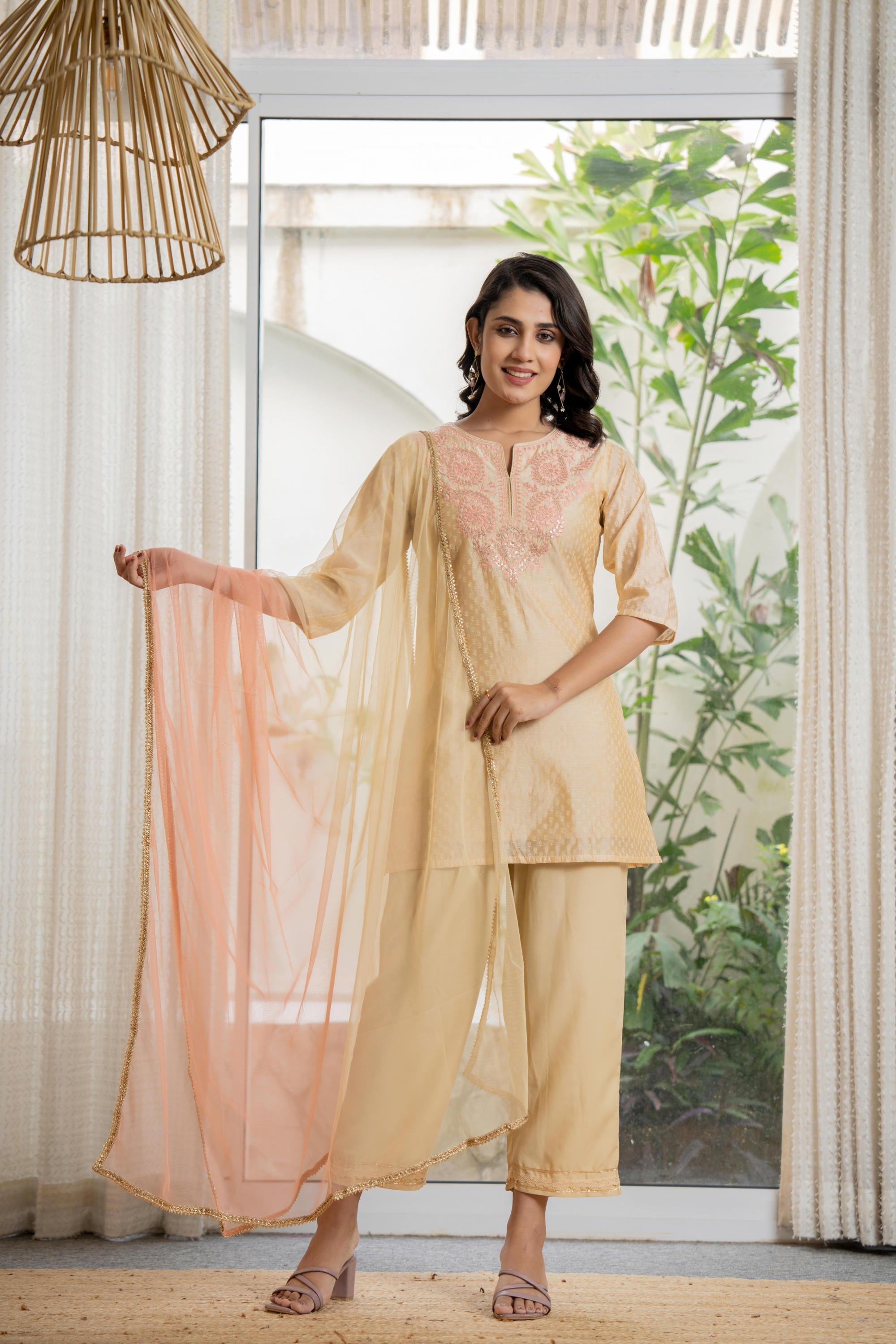 Gold Solid Chanderi Kurta Set With Thread Work & Gota Patti | DesiQlo