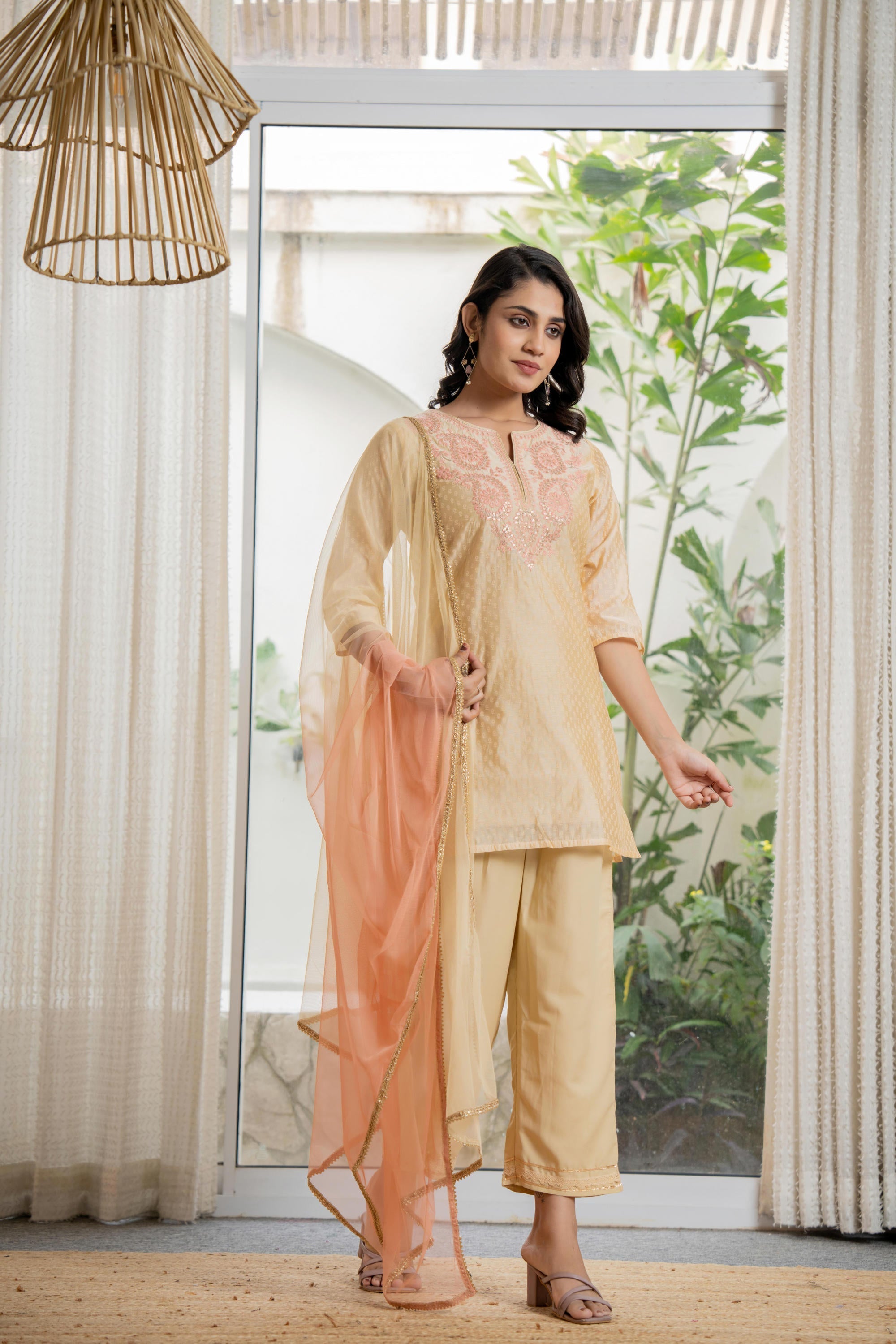 Gold Solid Chanderi Kurta Set With Thread Work & Gota Patti | DesiQlo