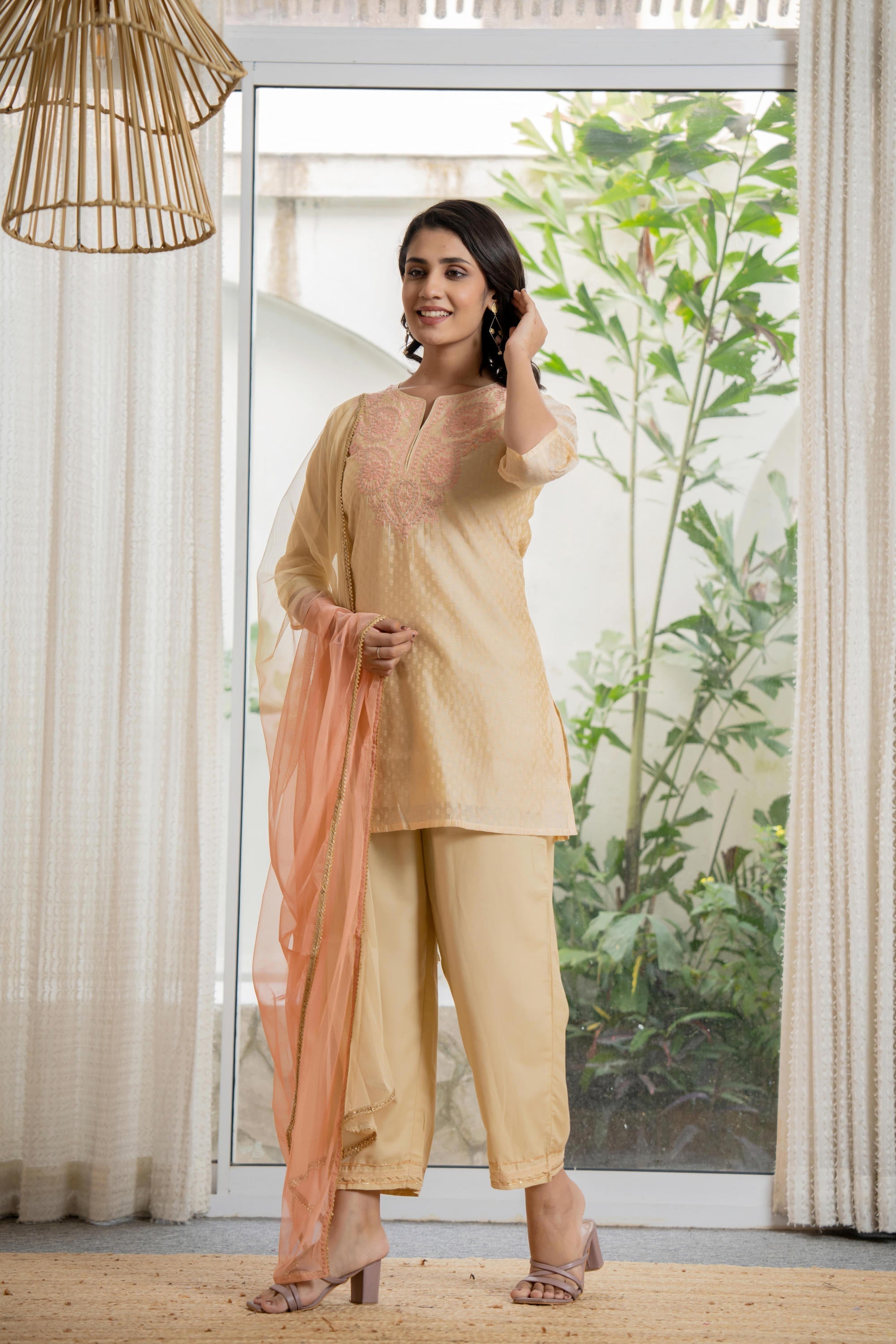 Gold Solid Chanderi Kurta Set With Thread Work & Gota Patti | DesiQlo