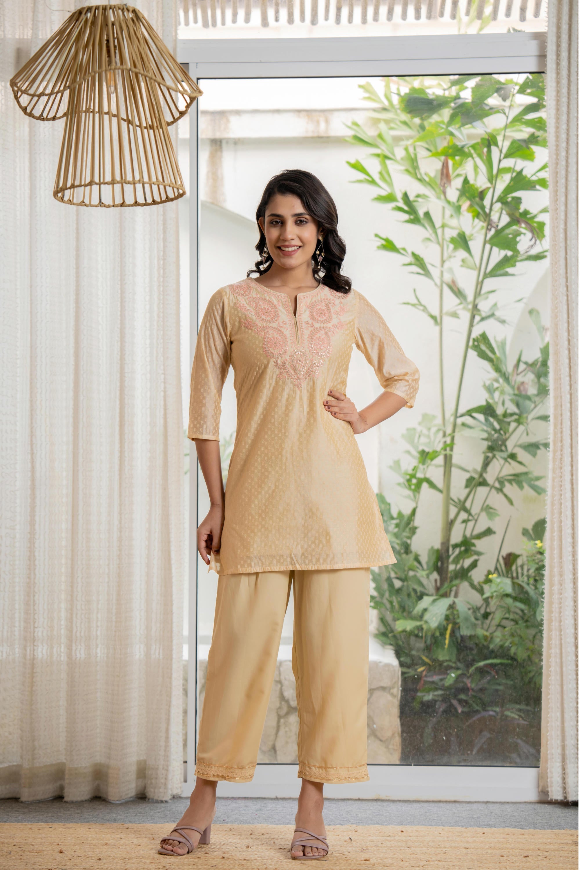 Gold Solid Chanderi Kurta Set With Thread Work & Gota Patti | DesiQlo