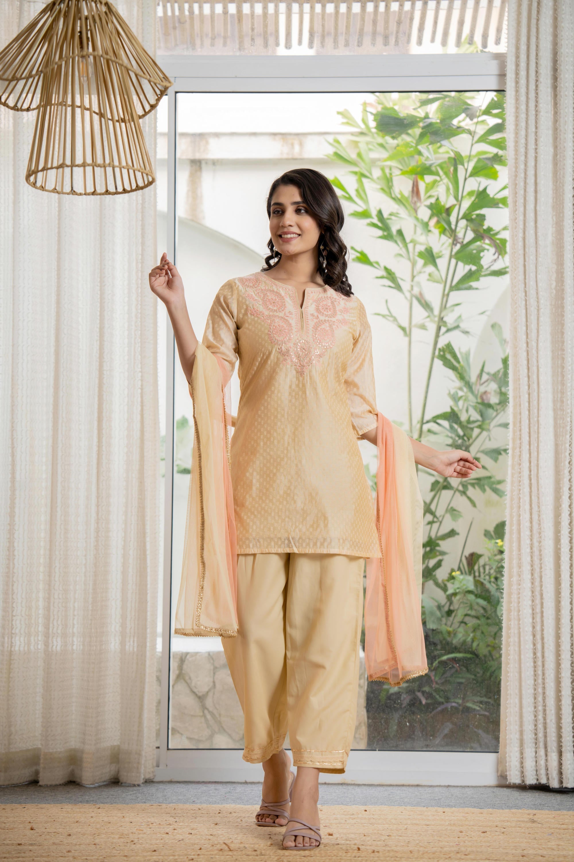 Gold Solid Chanderi Kurta Set With Thread Work & Gota Patti | DesiQlo
