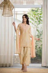 Gold Solid Chanderi Kurta Set With Thread Work & Gota Patti