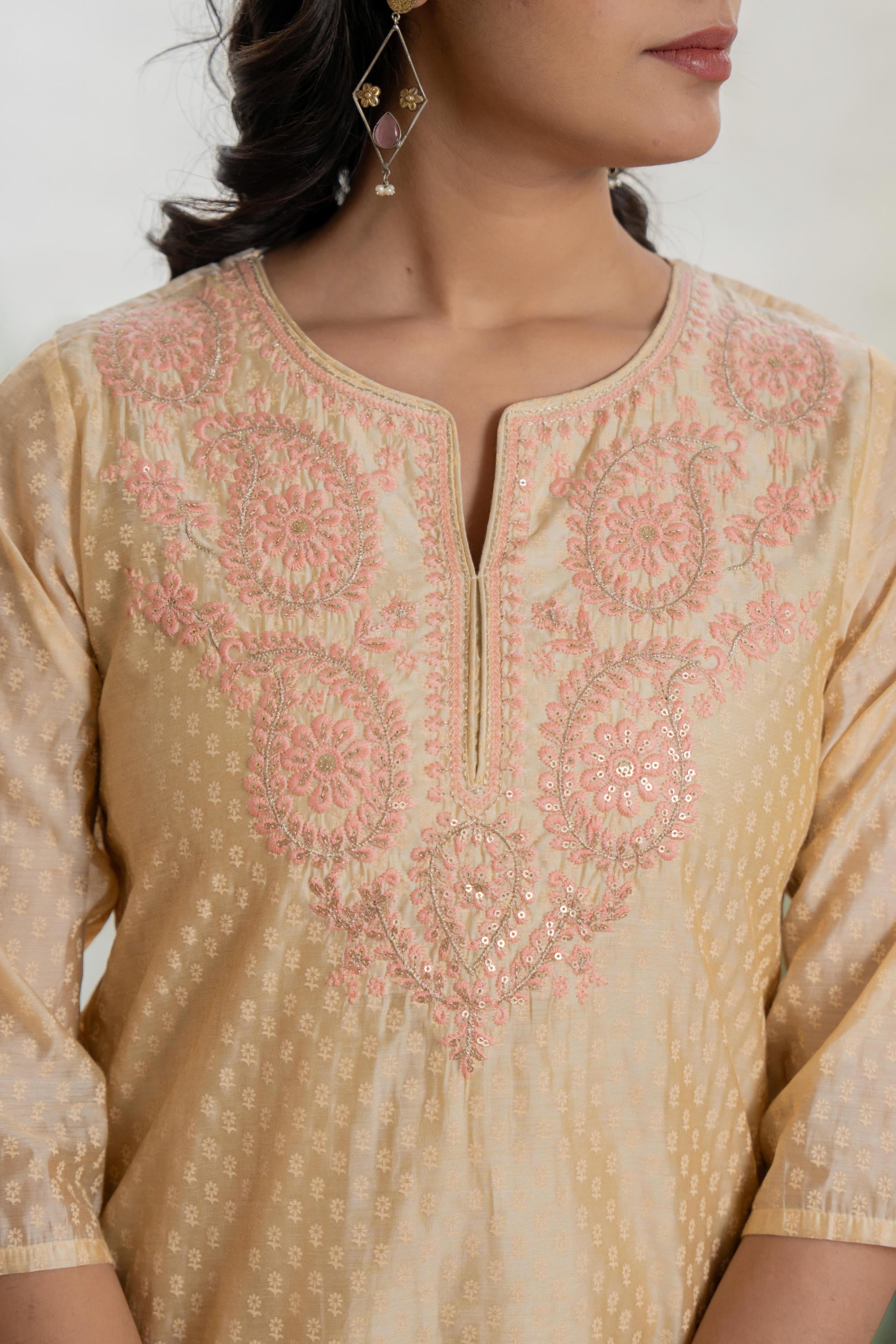 Gold Solid Chanderi Kurta Set With Thread Work & Gota Patti | DesiQlo