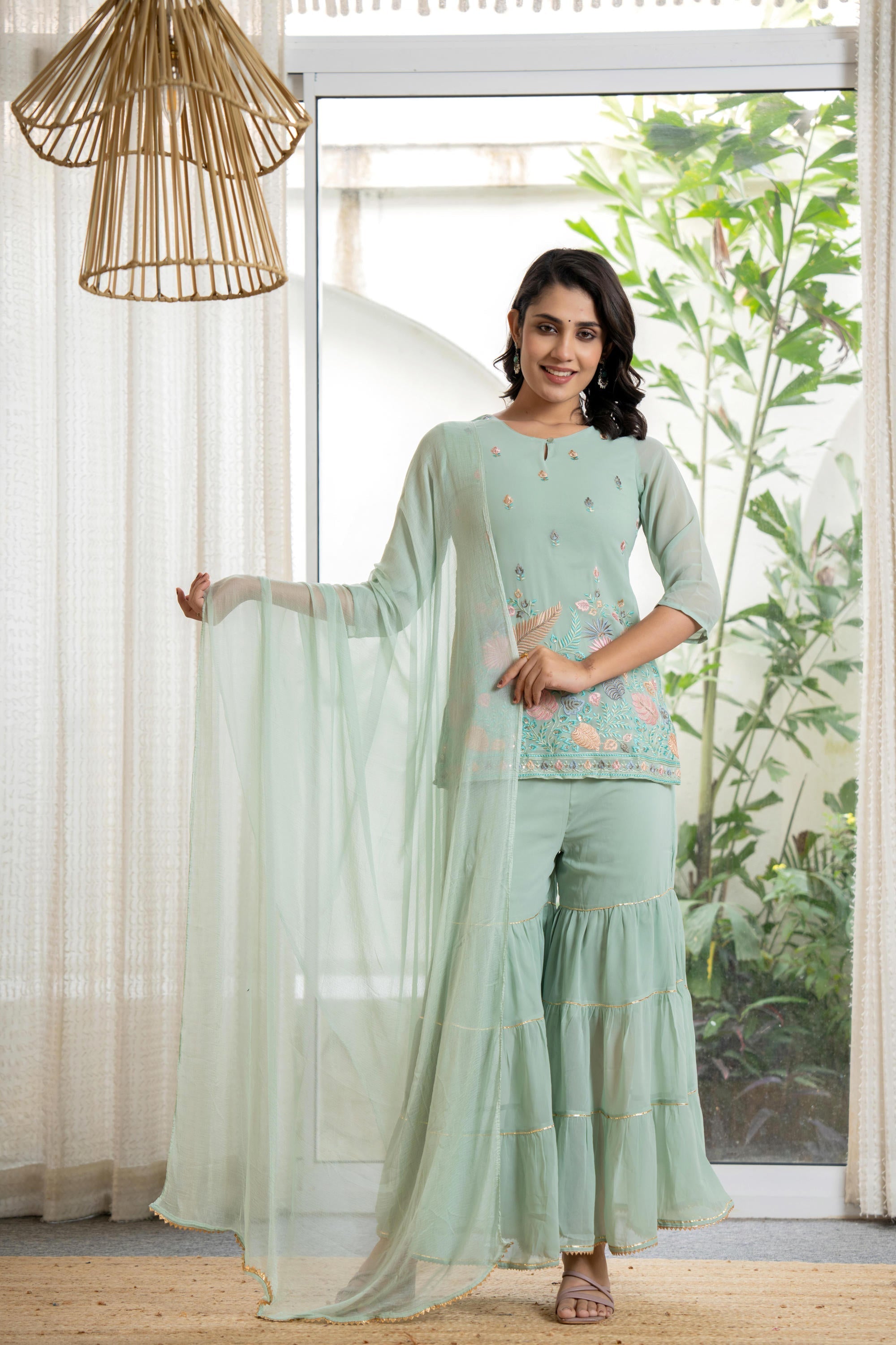 Green Thread Embroidered Georgette Tunic Sharara & Dupatta Set With Se