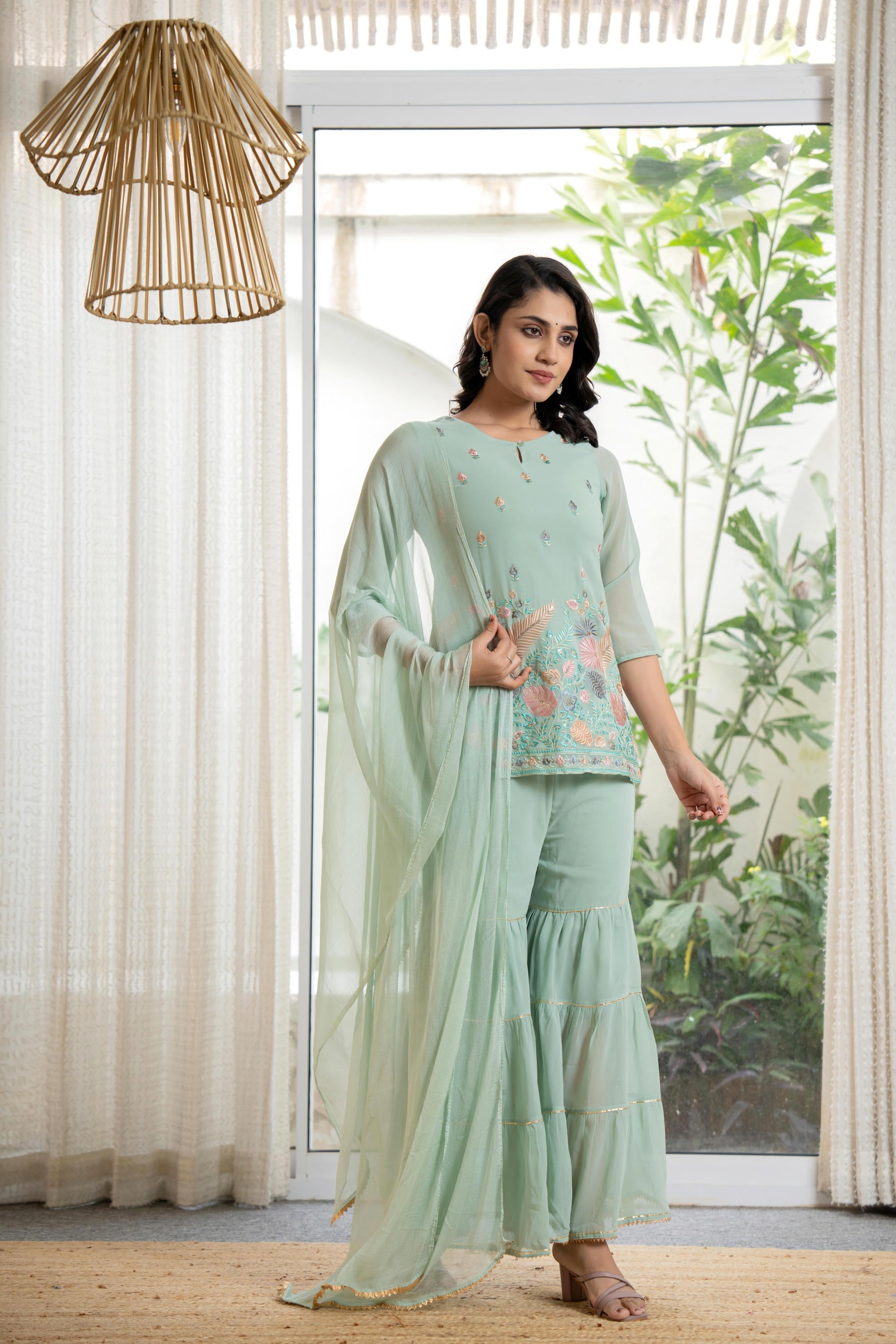 Green Thread Embroidered Georgette Tunic Sharara & Dupatta Set With Se