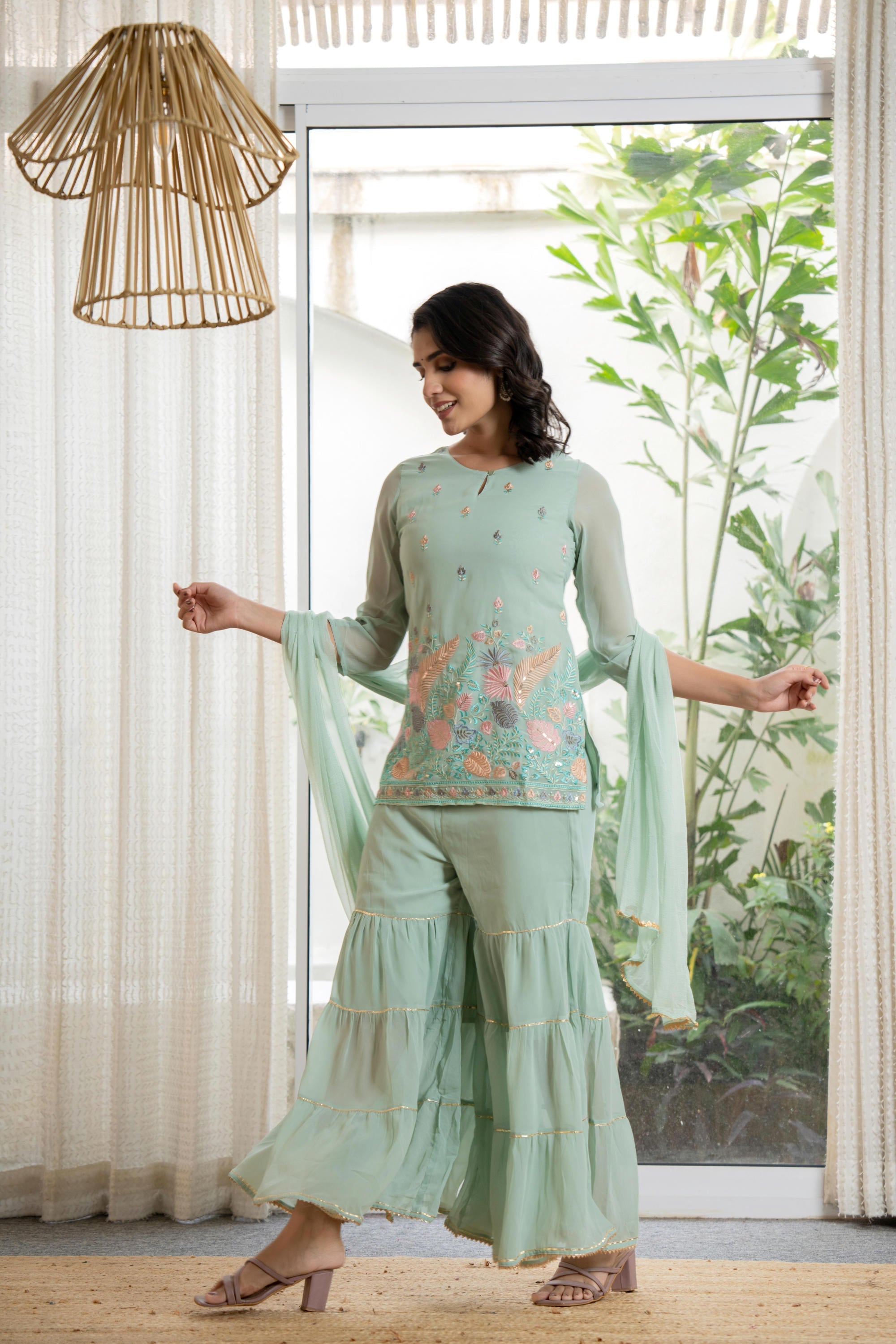 Green Thread Embroidered Georgette Tunic Sharara & Dupatta Set With Se