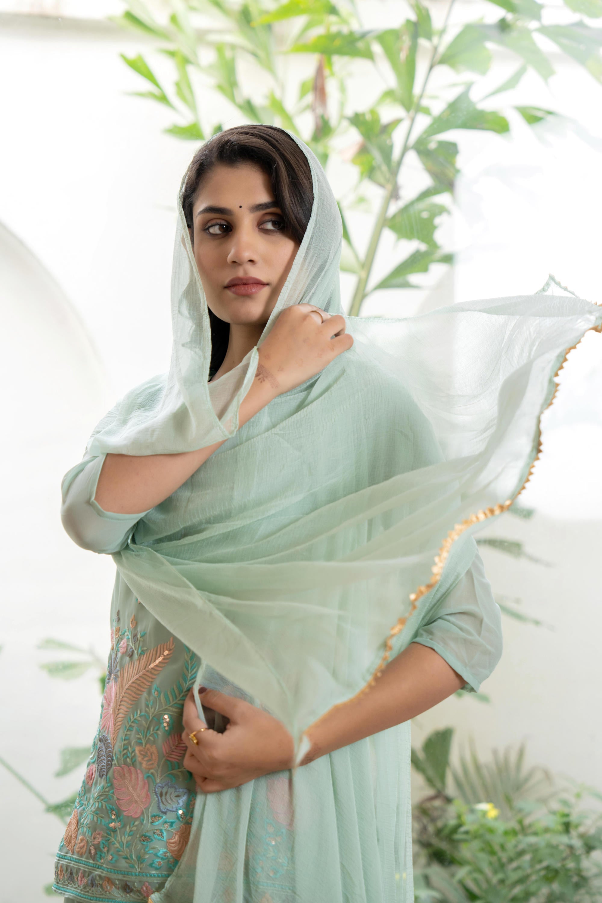 Green Thread Embroidered Georgette Tunic Sharara & Dupatta Set With Se