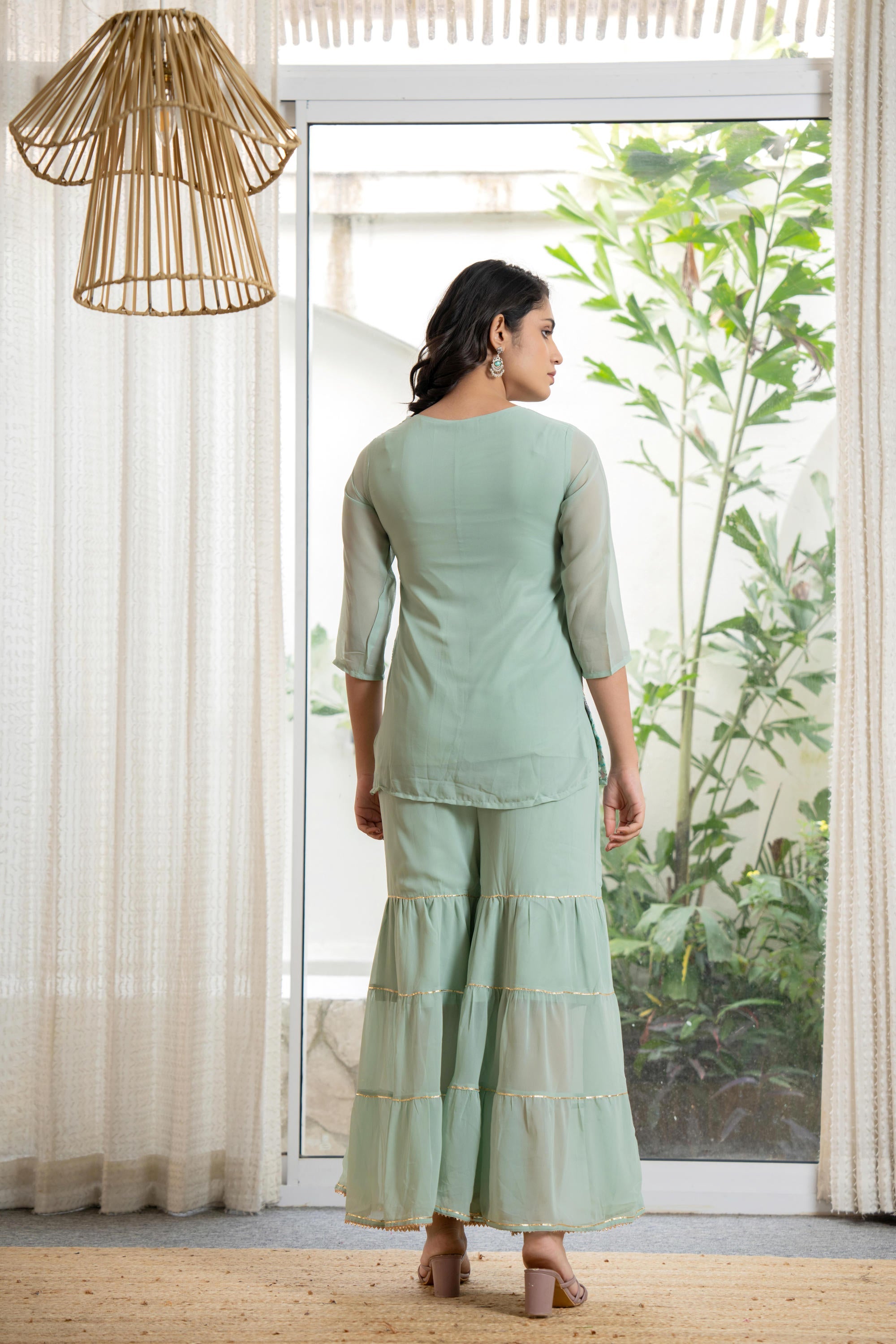 Green Thread Embroidered Georgette Tunic Sharara & Dupatta Set With Se