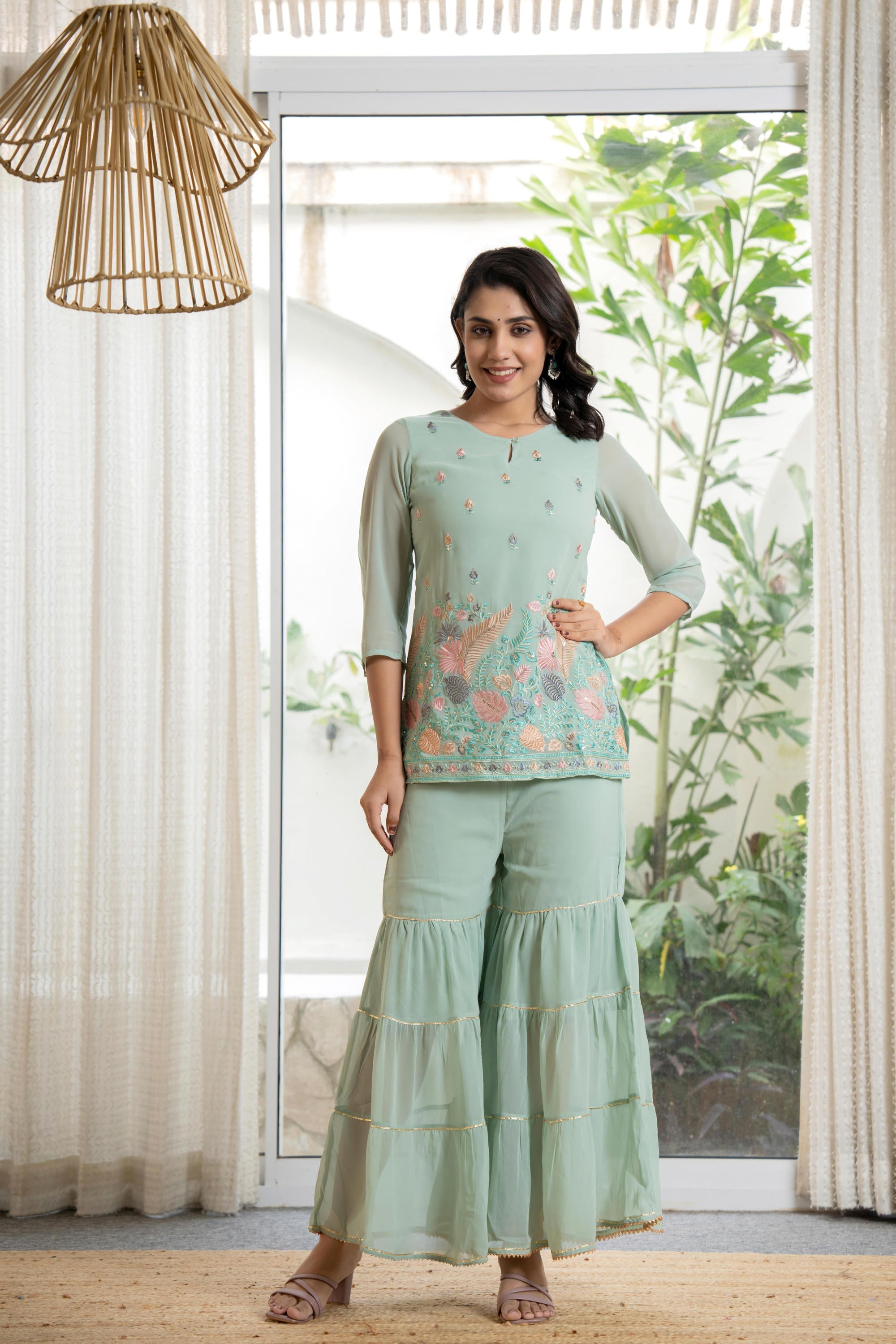 Green Thread Embroidered Georgette Tunic Sharara & Dupatta Set With Se