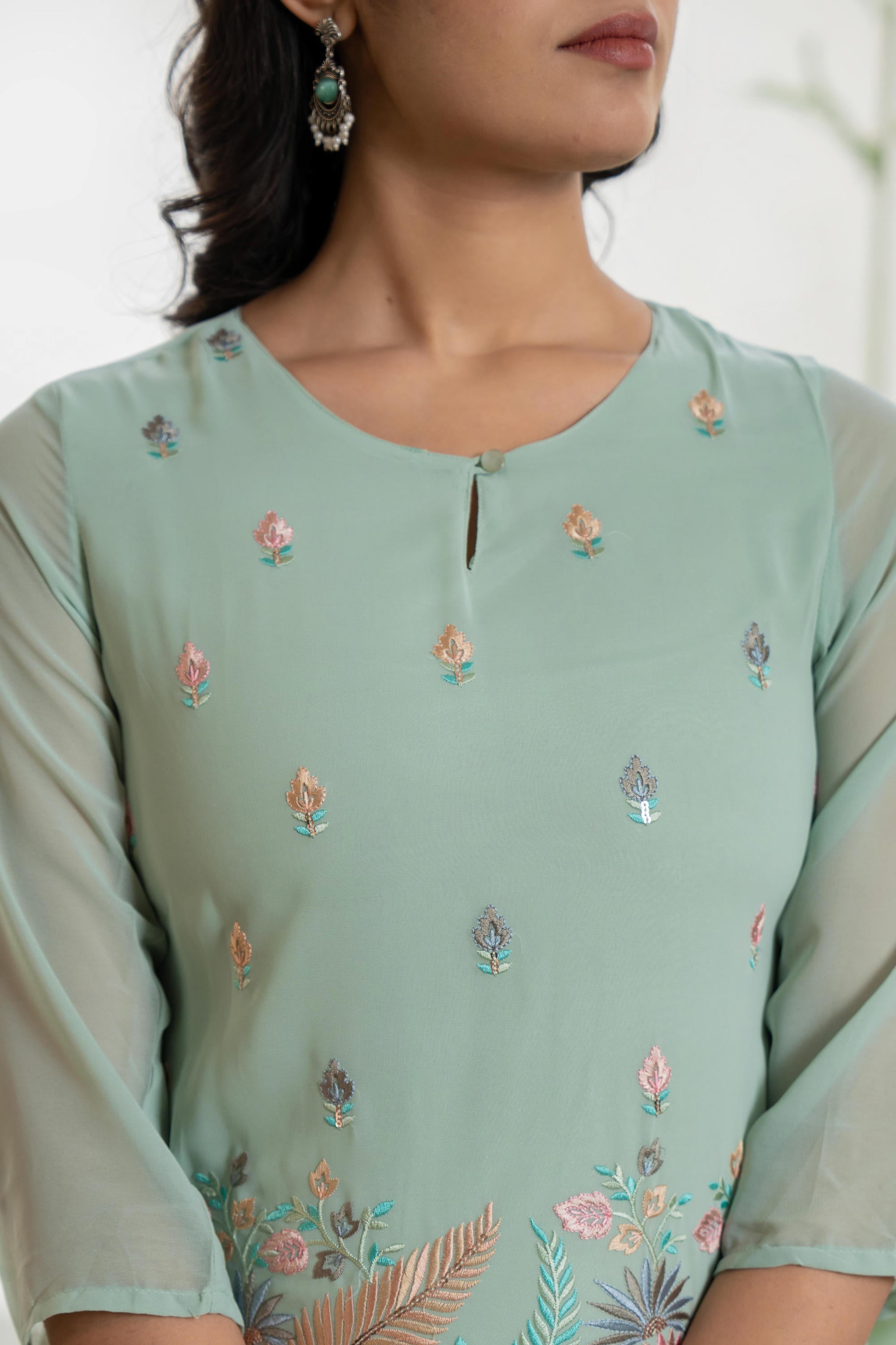 Green Thread Embroidered Georgette Tunic Sharara & Dupatta Set With Se
