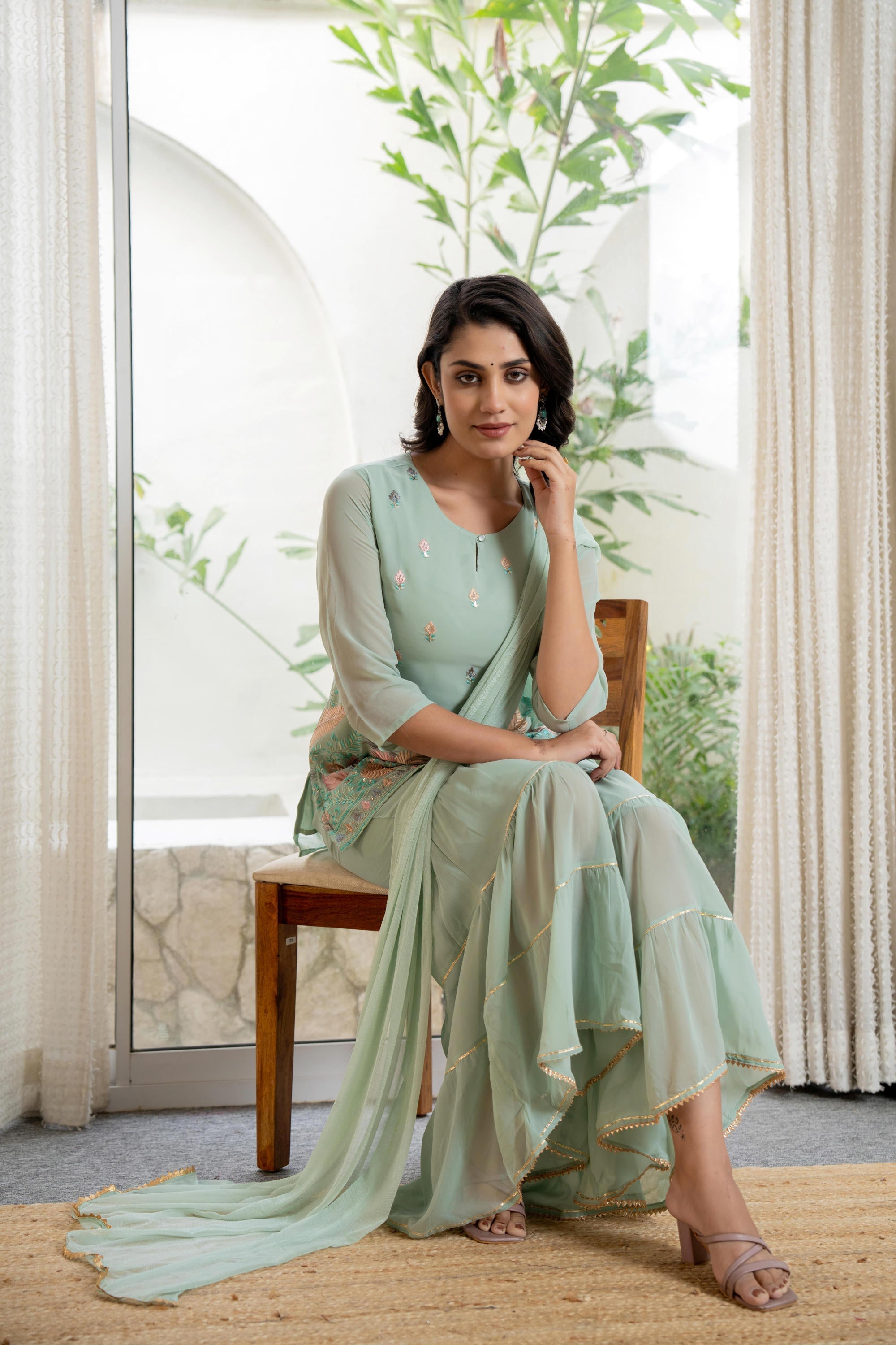 Green Thread Embroidered Georgette Tunic Sharara & Dupatta Set With Se