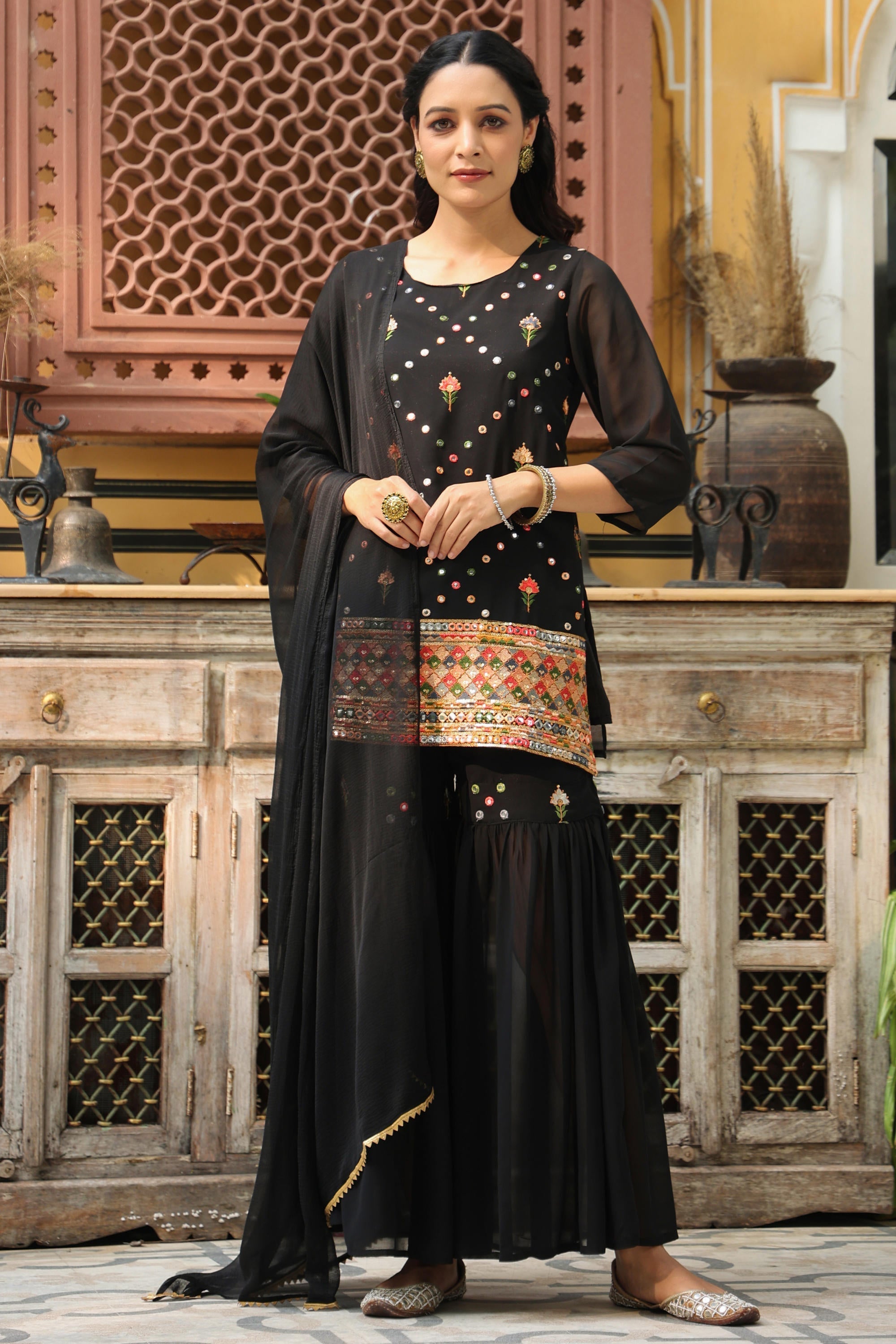 Black Soild Georgette Tunic Sharara & Dupatta With With Thread & Mirro