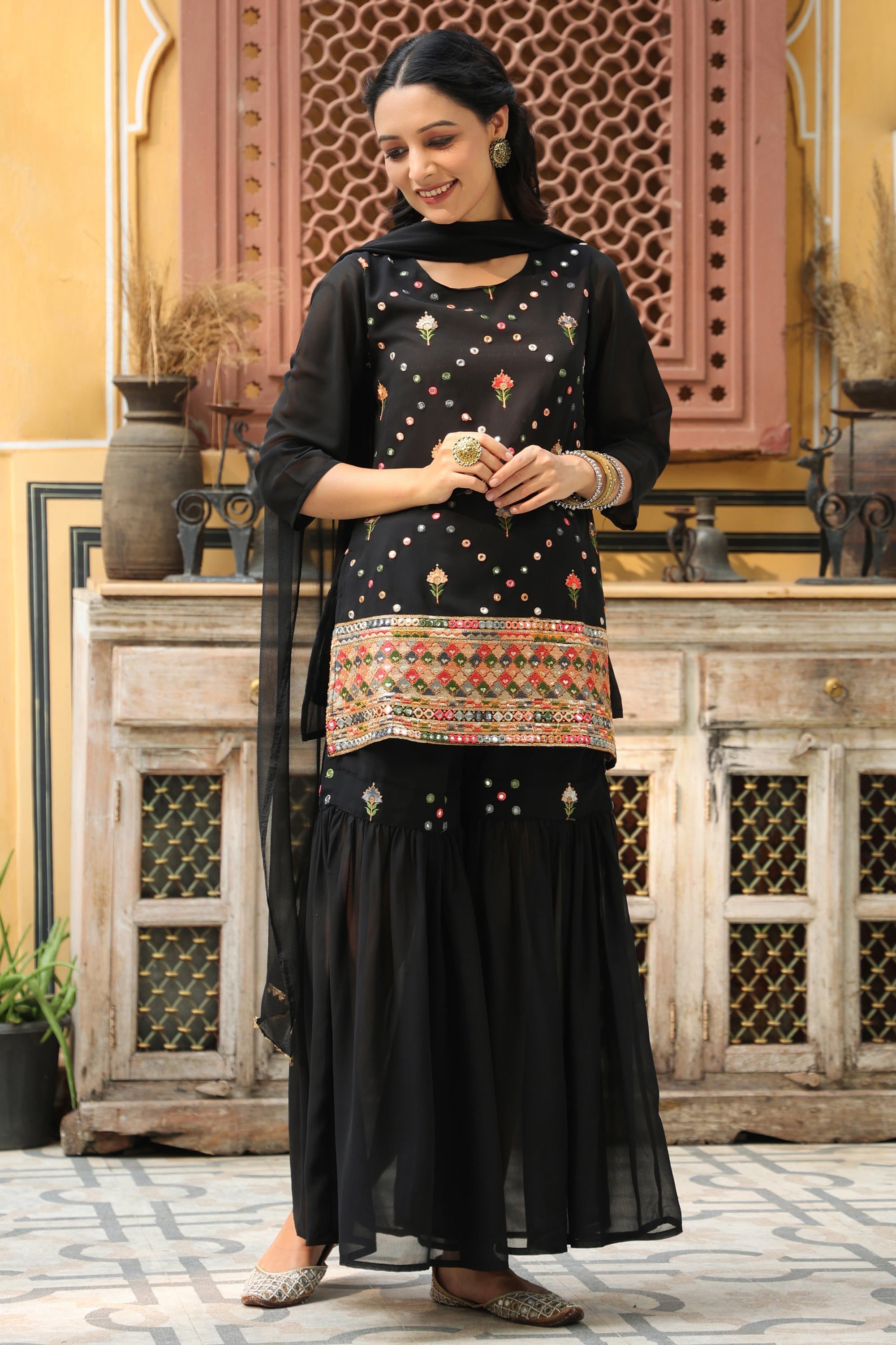 Black Soild Georgette Tunic Sharara & Dupatta With With Thread & Mirro