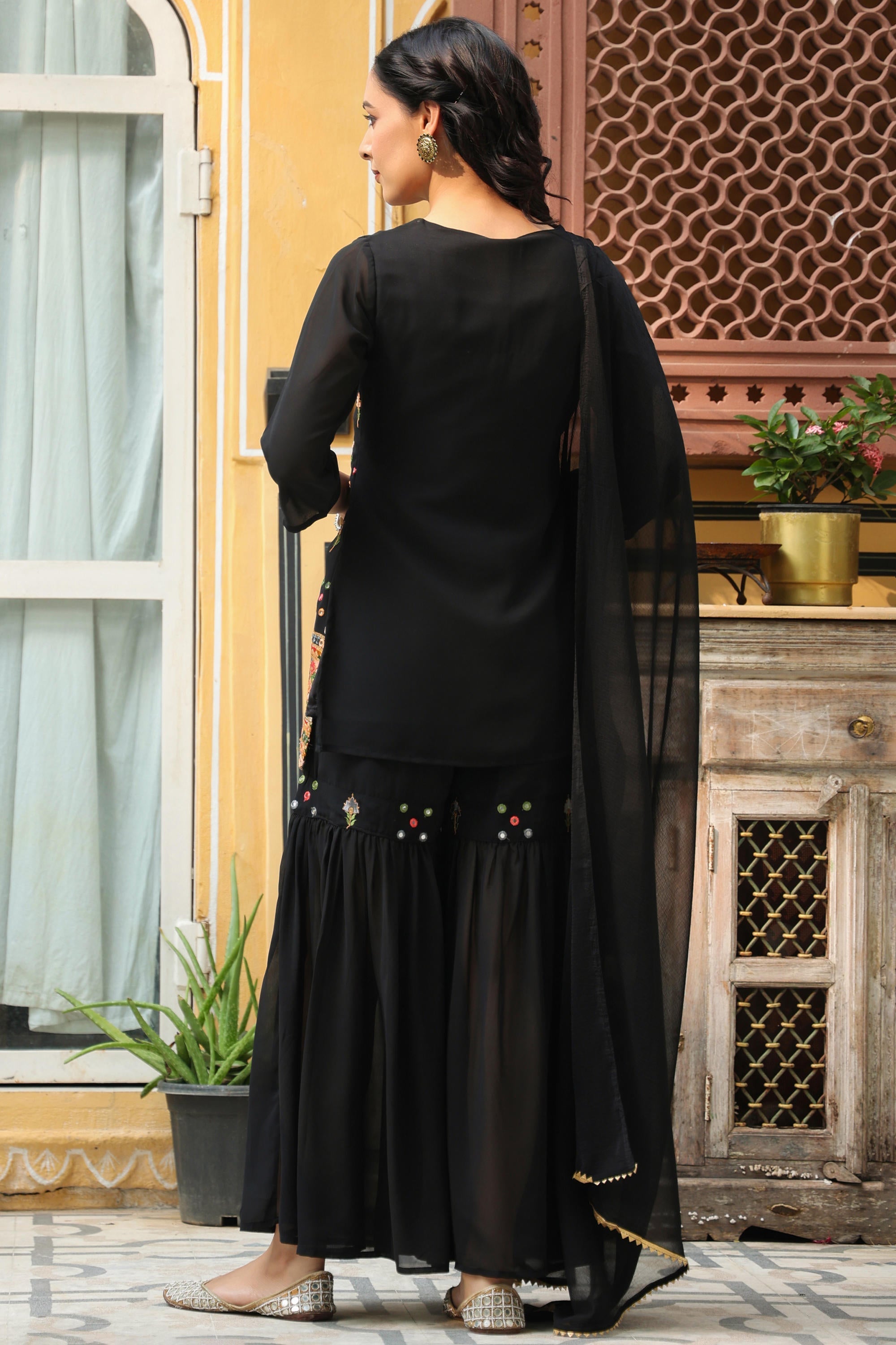 Black Soild Georgette Tunic Sharara & Dupatta With With Thread & Mirro