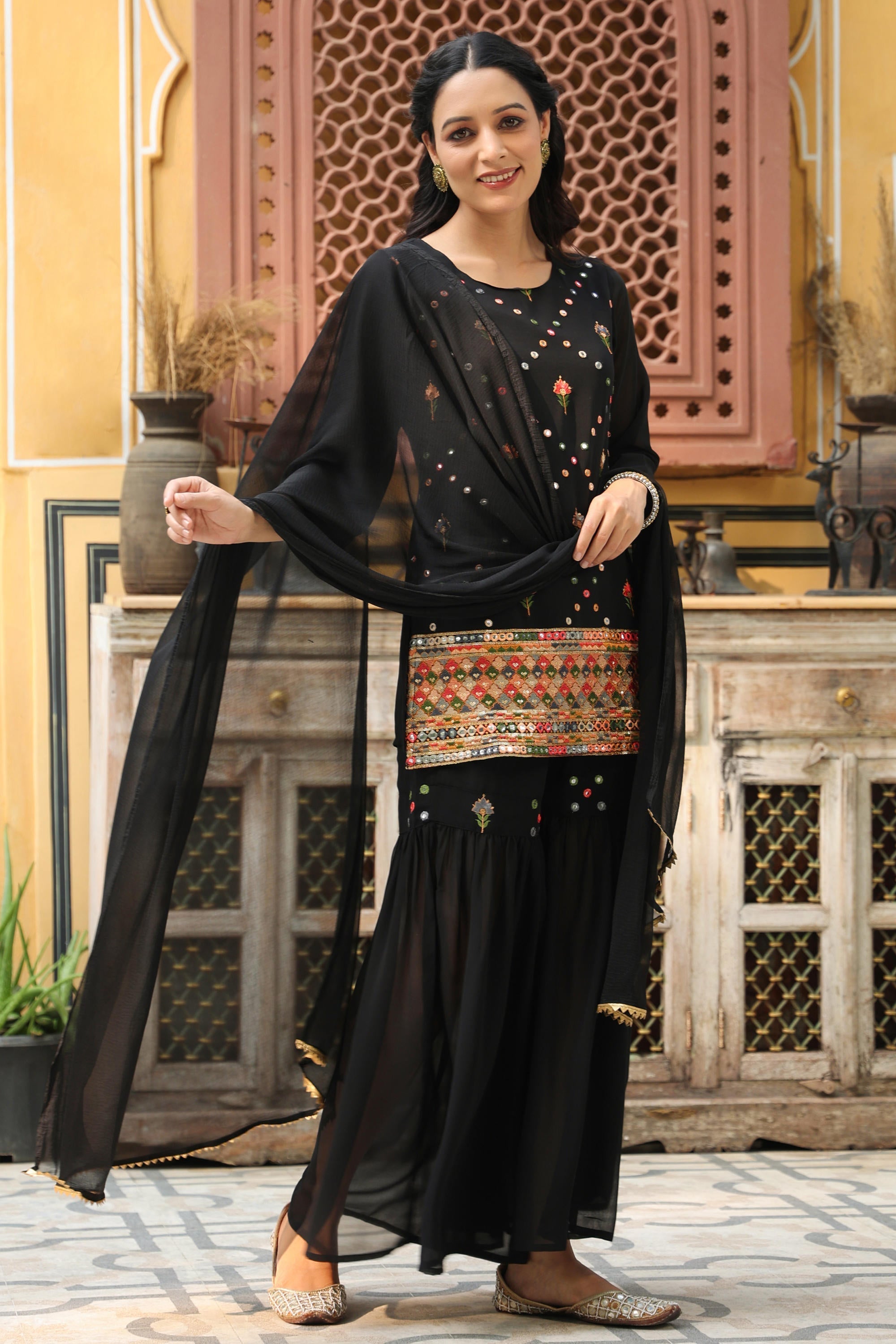 Black Soild Georgette Tunic Sharara & Dupatta With With Thread & Mirro