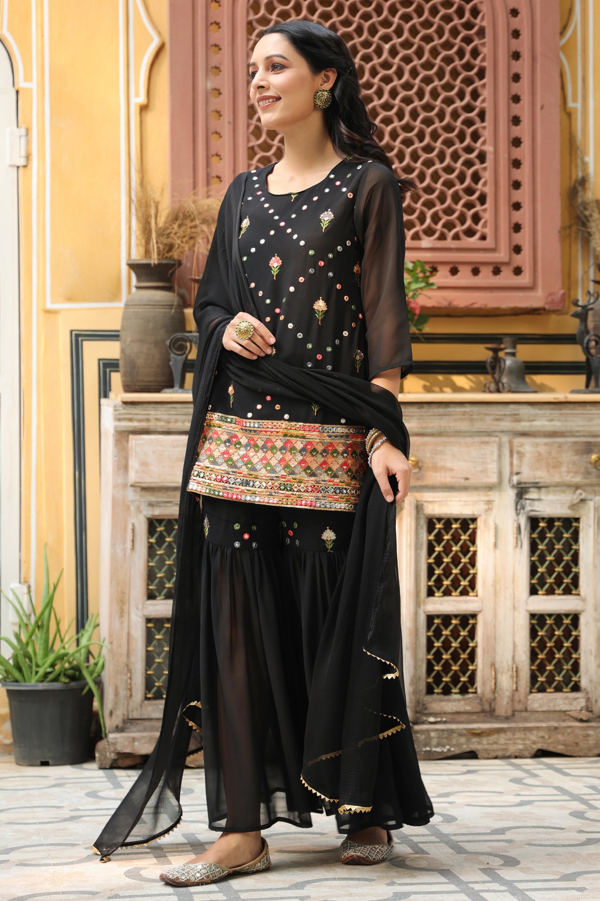 Black Soild Georgette Tunic Sharara & Dupatta With With Thread & Mirro