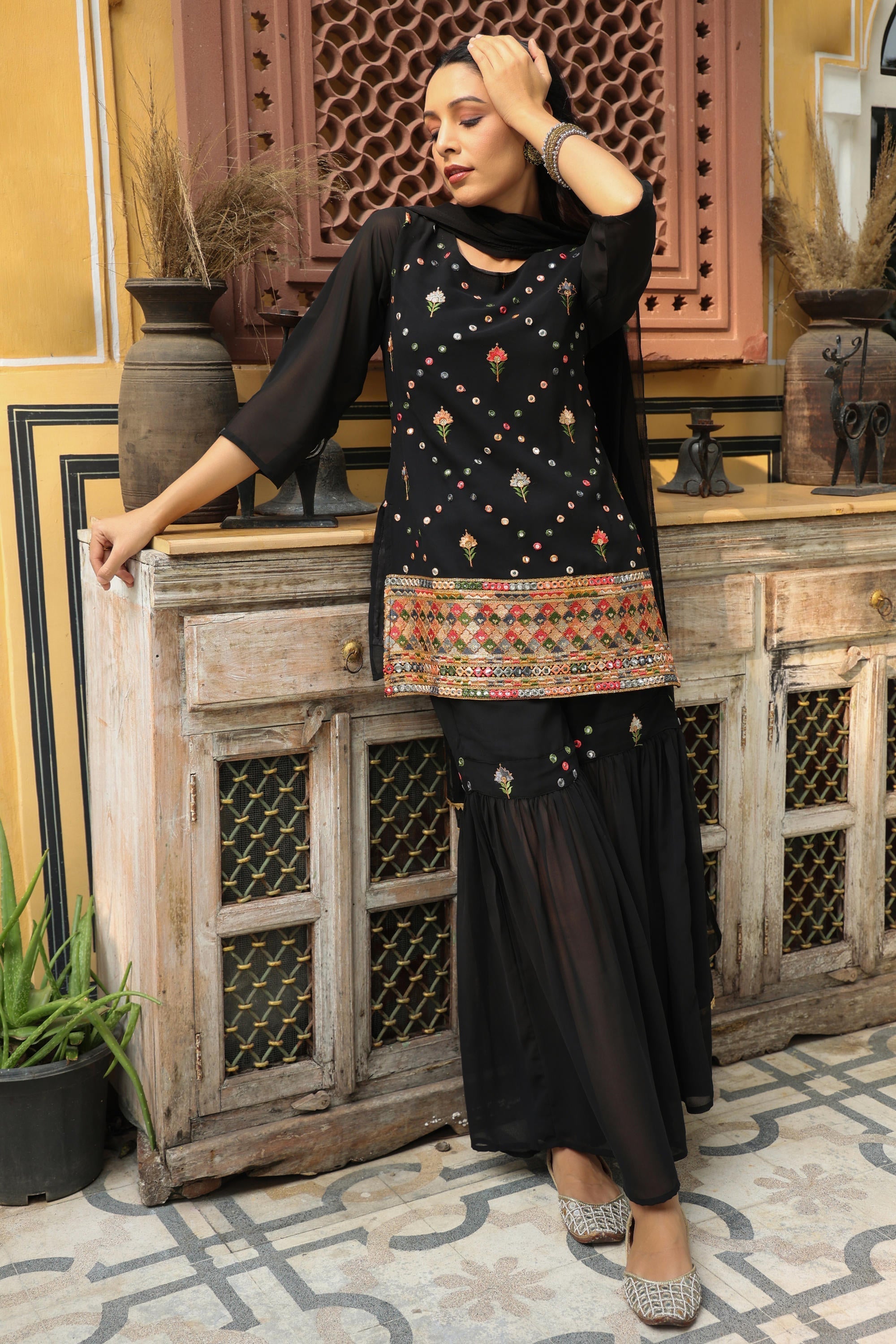 Black Soild Georgette Tunic Sharara & Dupatta With With Thread & Mirro