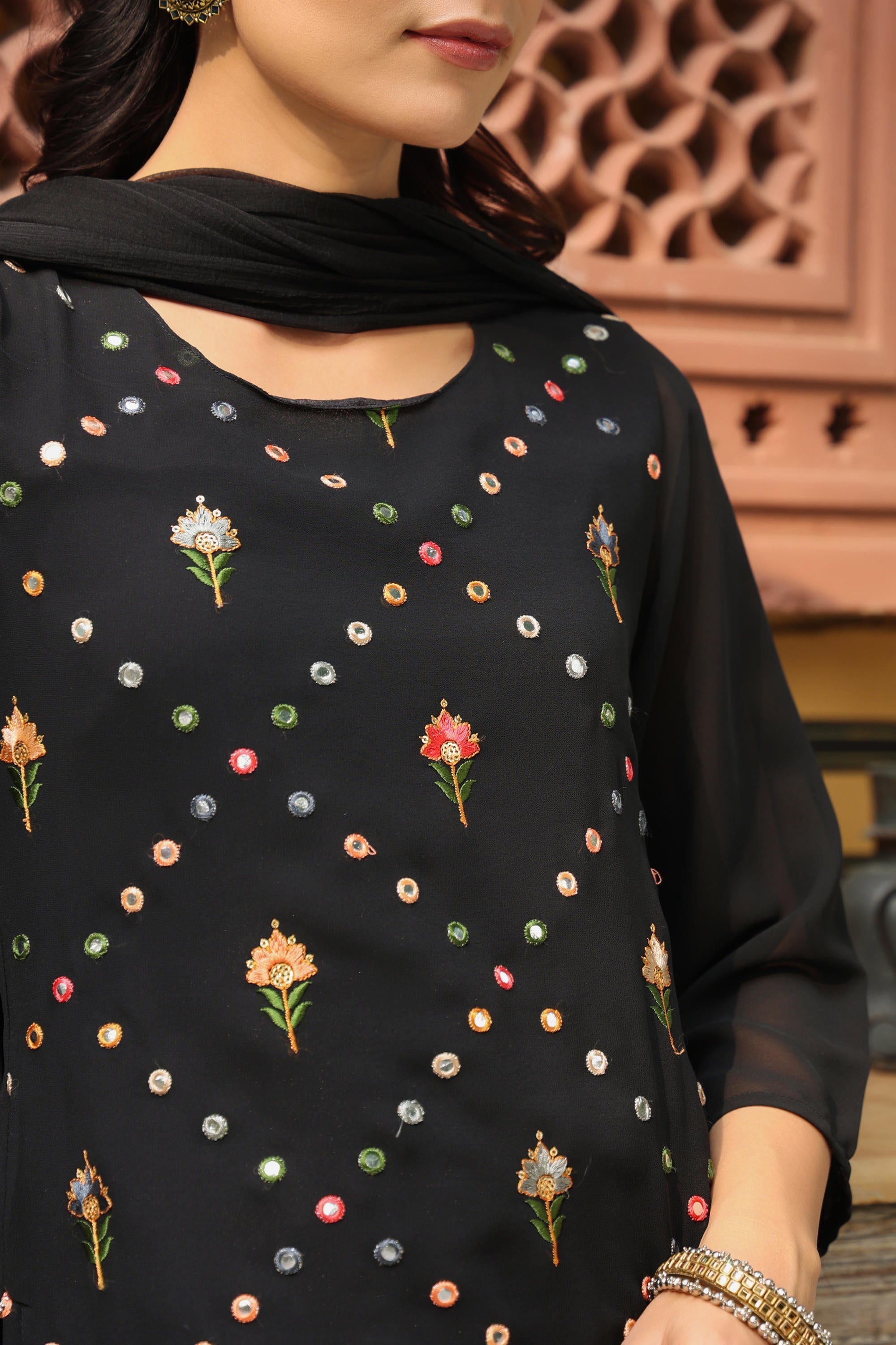 Black Soild Georgette Tunic Sharara & Dupatta With With Thread & Mirro