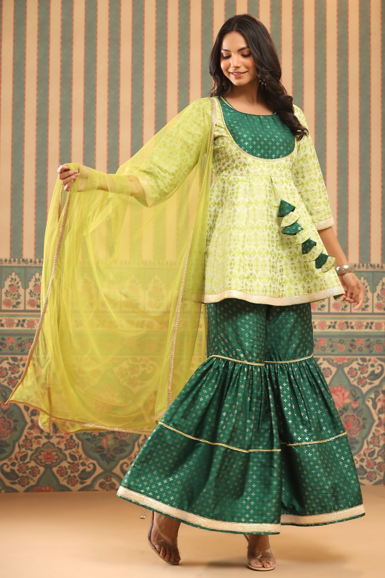 Green Geometric Printed Shantoon Slub Kurta Sharara & Dupatta Set With