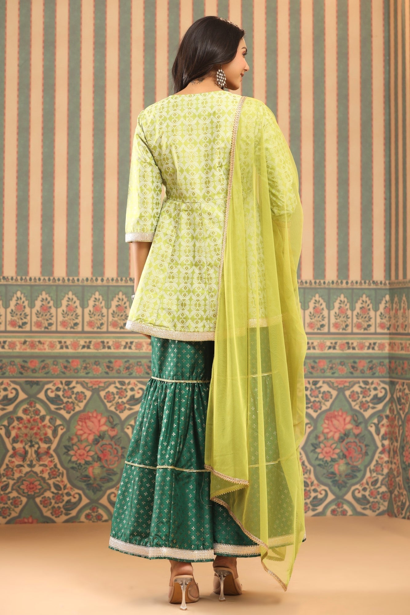 Green Geometric Printed Shantoon Slub Kurta Sharara & Dupatta Set With