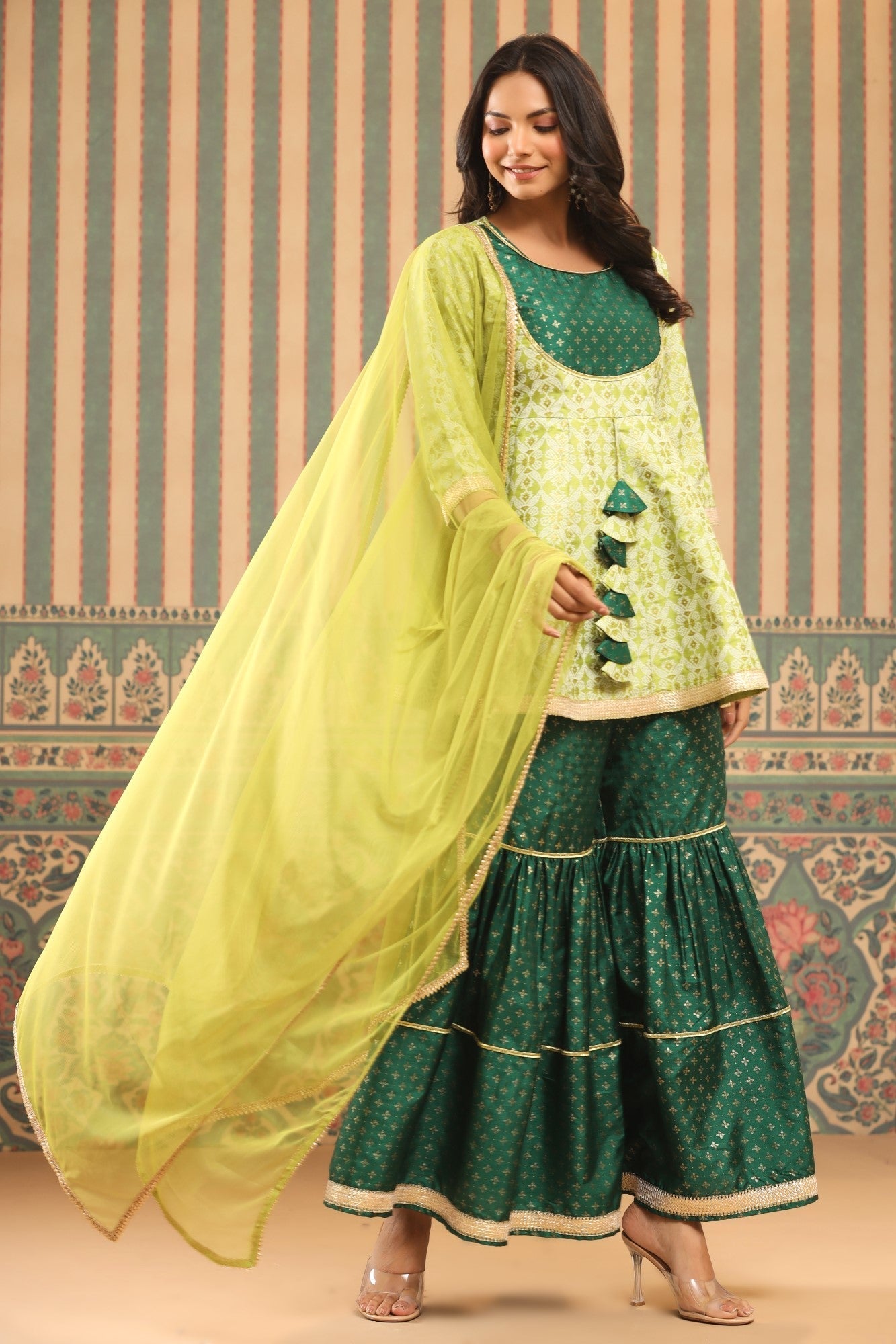 Green Geometric Printed Shantoon Slub Kurta Sharara & Dupatta Set With