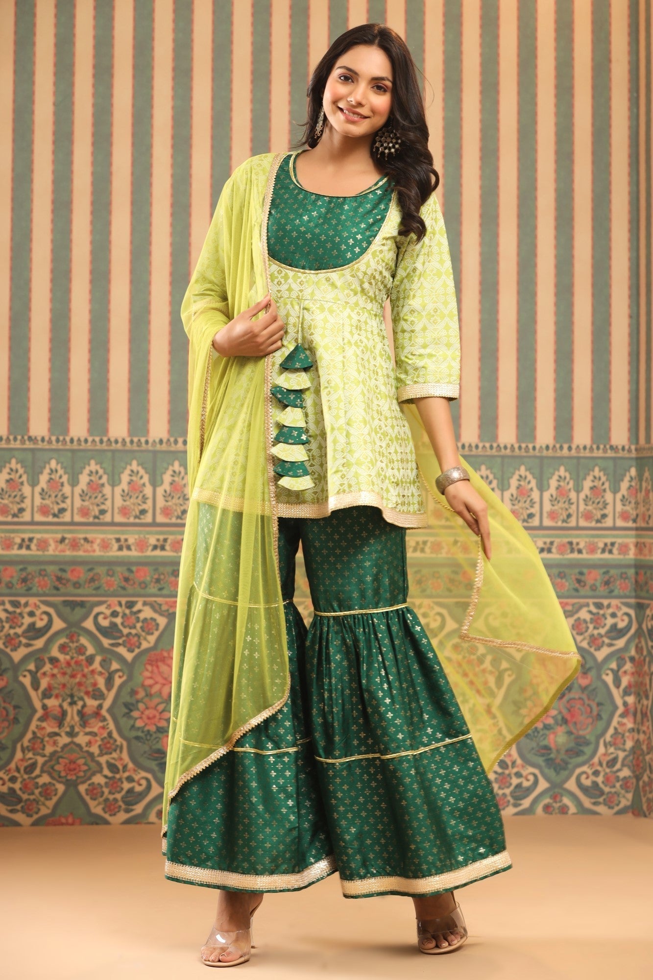 Green Geometric Printed Shantoon Slub Kurta Sharara & Dupatta Set With