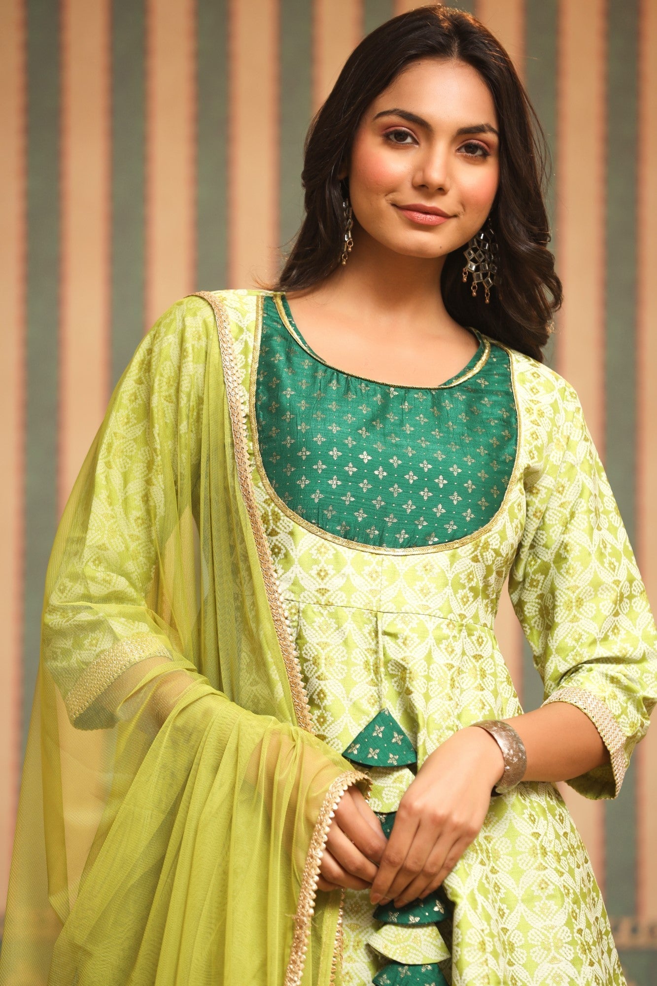 Green Geometric Printed Shantoon Slub Kurta Sharara & Dupatta Set With