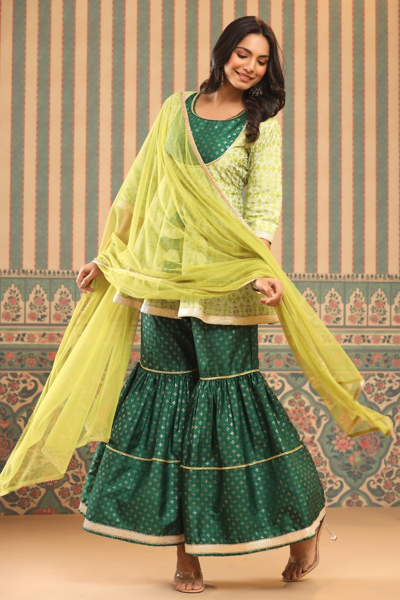 Green Geometric Printed Shantoon Slub Kurta Sharara & Dupatta Set With