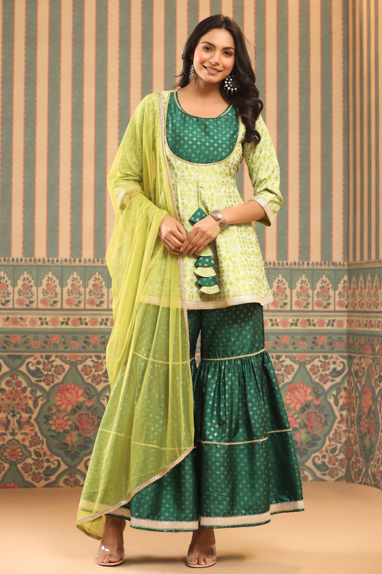 Green Geometric Printed Shantoon Slub Kurta Sharara & Dupatta Set With
