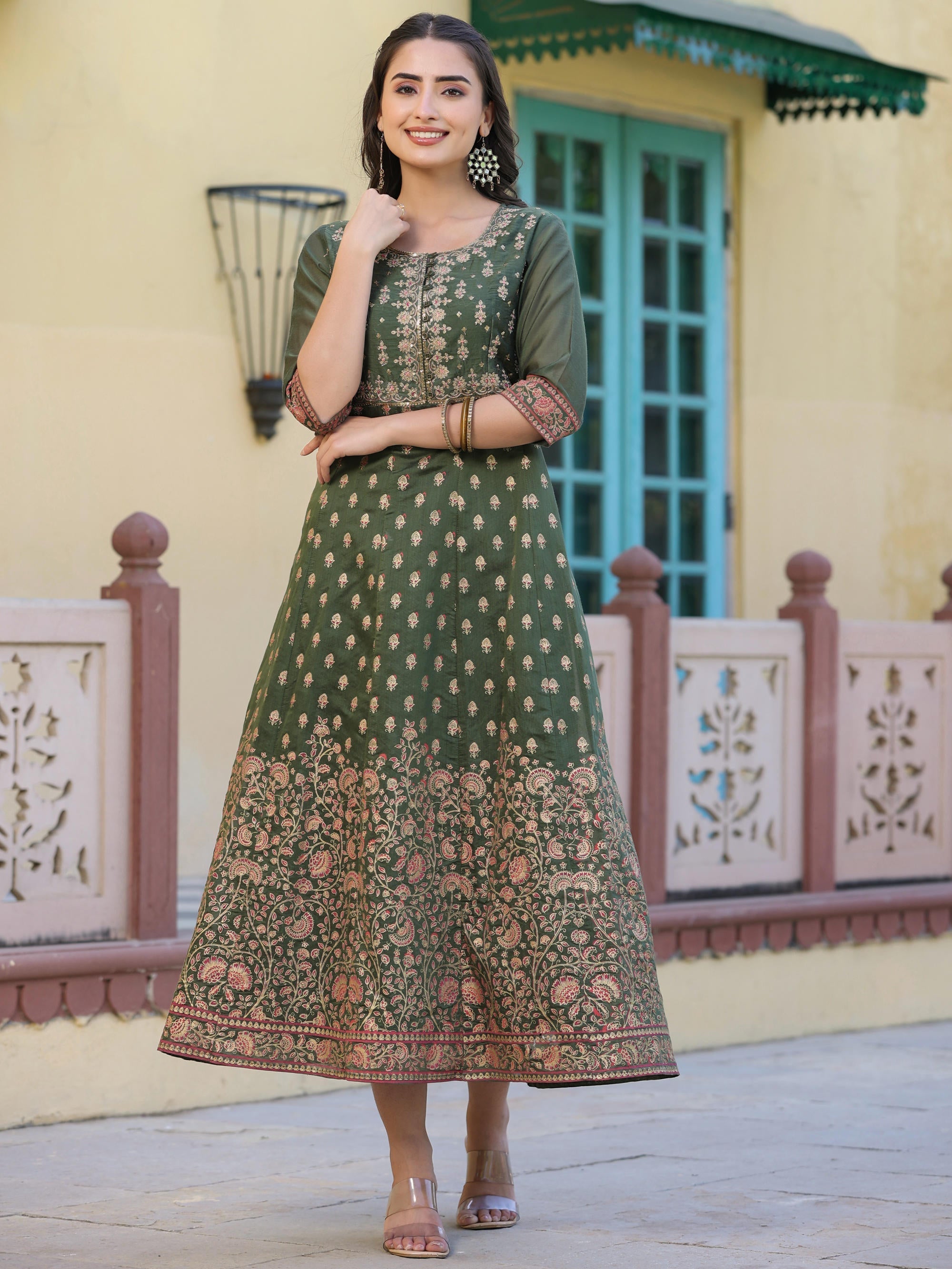 Olive Green Ethnic Motif Printed Chanderi Dress With Sequins & Zari Wo