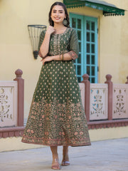 Olive Green Ethnic Motif Printed Chanderi Dress With Sequins & Zari Work