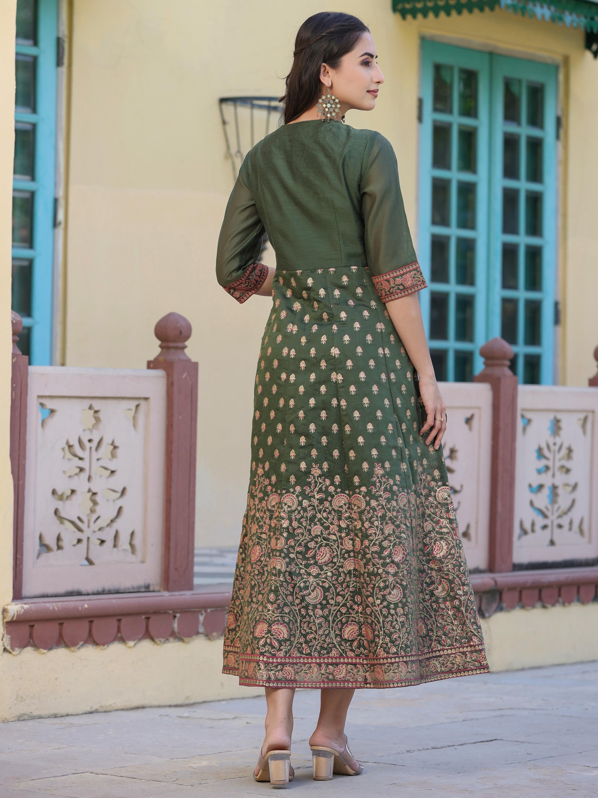 Olive Green Ethnic Motif Printed Chanderi Dress With Sequins & Zari Wo