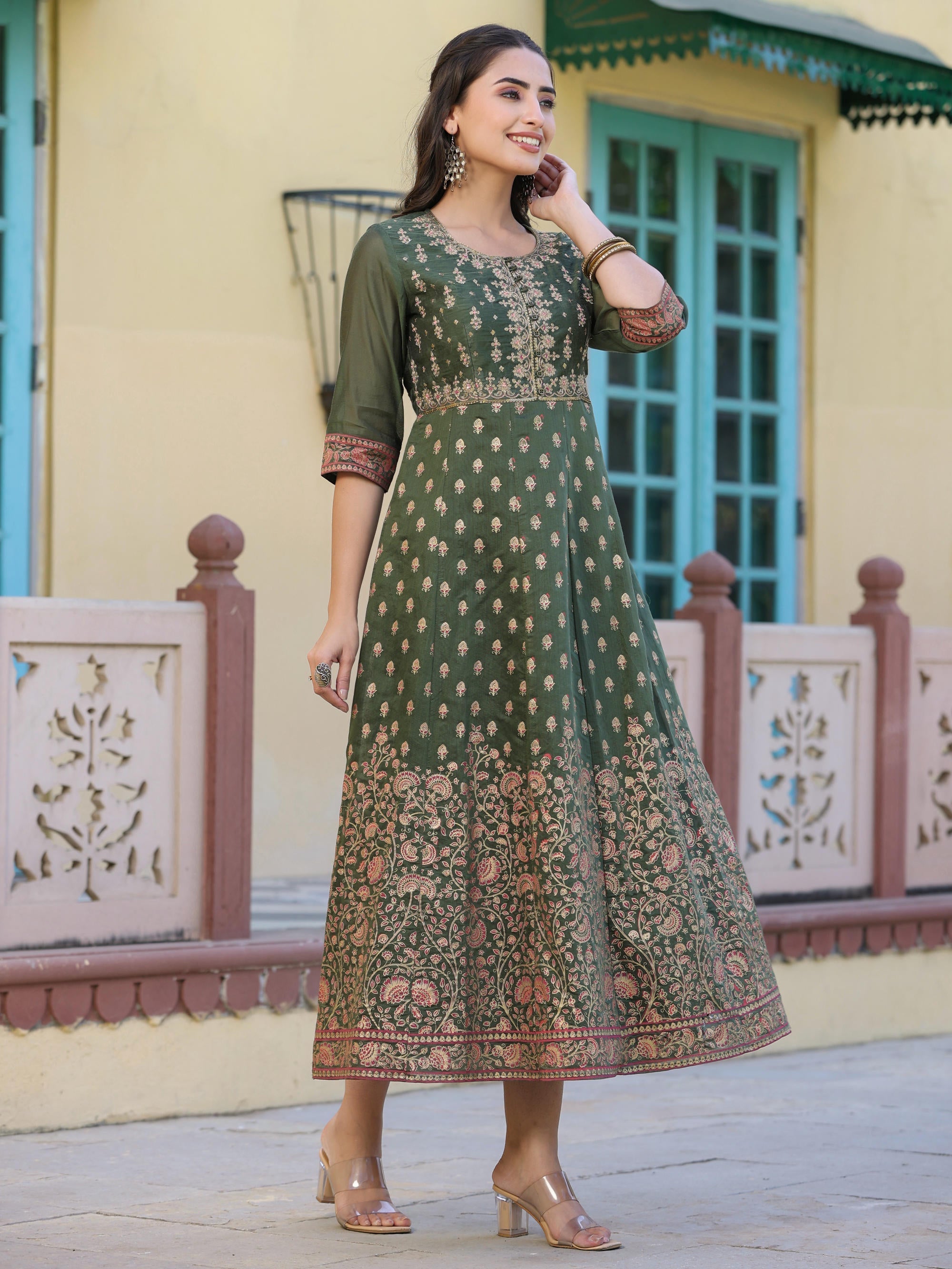Olive Green Ethnic Motif Printed Chanderi Dress With Sequins & Zari Wo