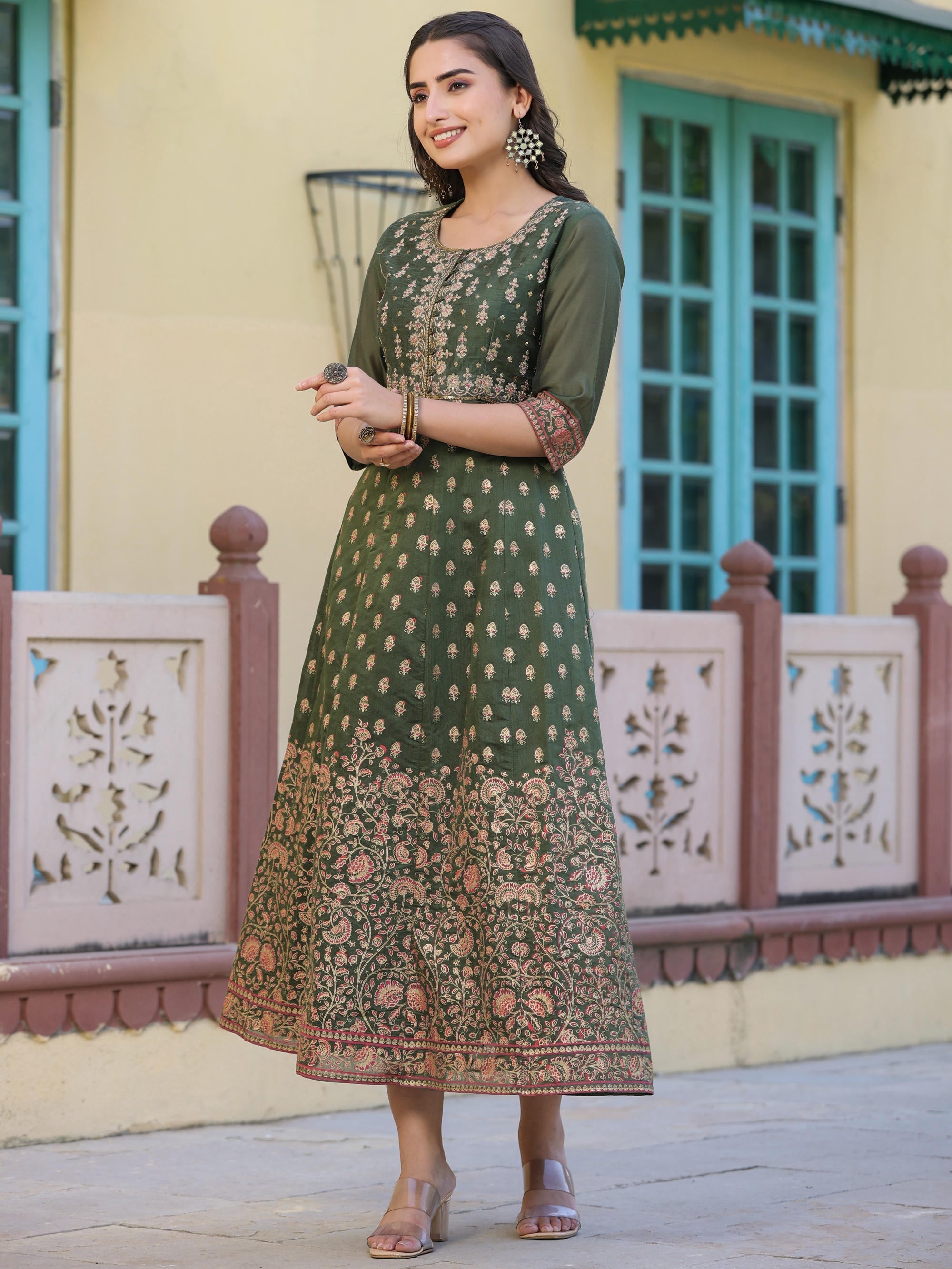 Olive Green Ethnic Motif Printed Chanderi Dress With Sequins & Zari Wo