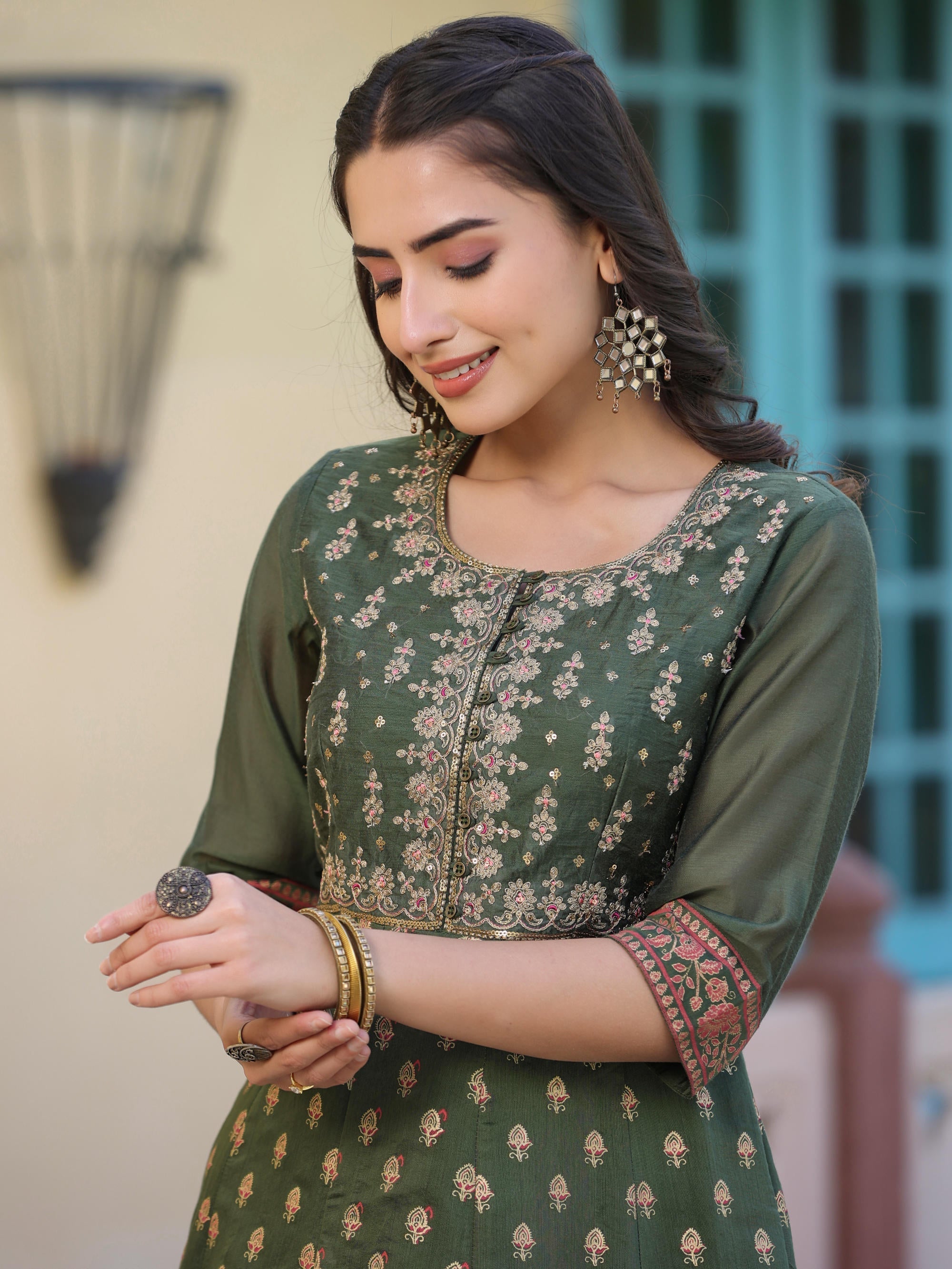 Olive Green Ethnic Motif Printed Chanderi Dress With Sequins & Zari Wo