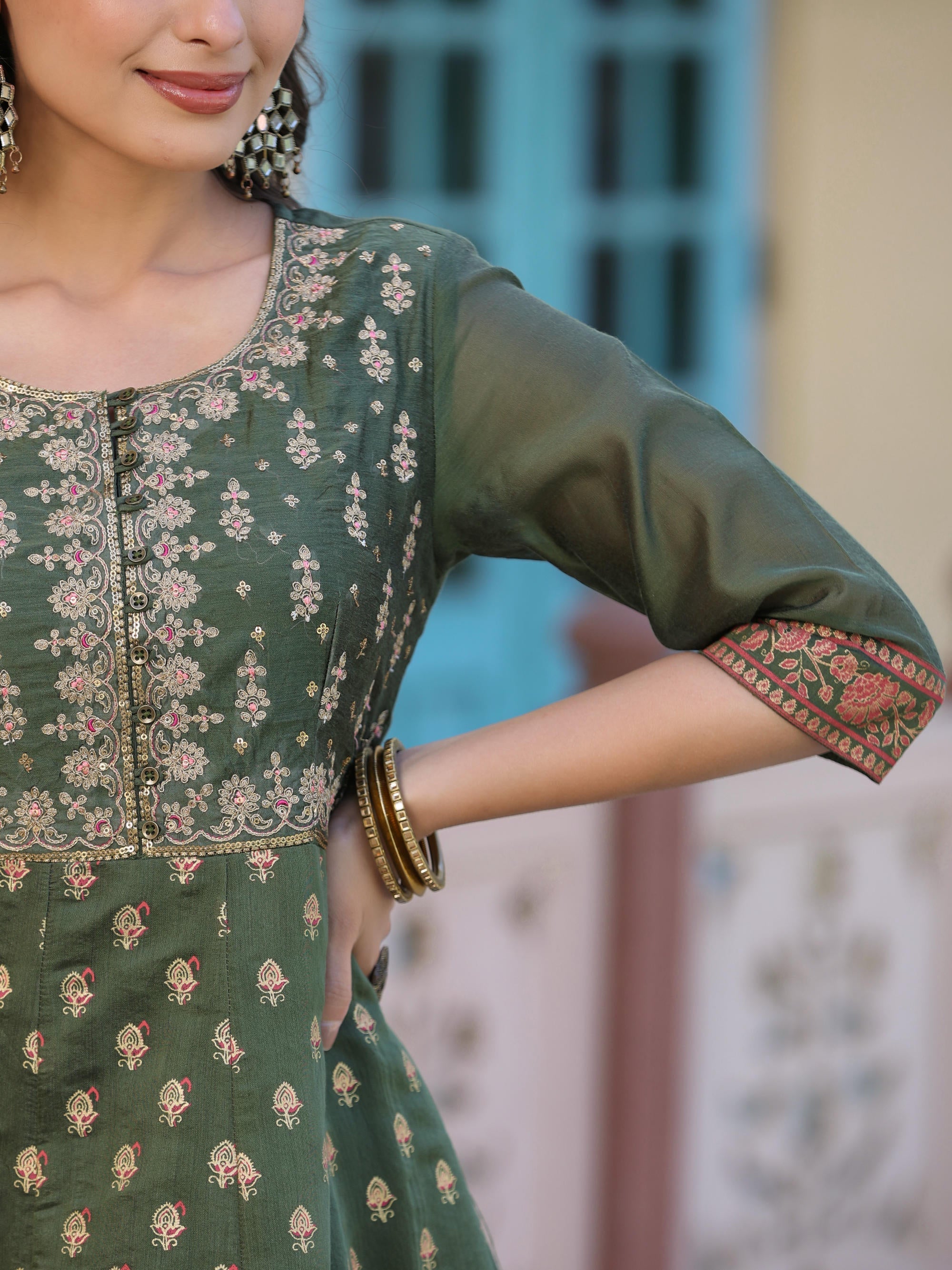 Olive Green Ethnic Motif Printed Chanderi Dress With Sequins & Zari Wo