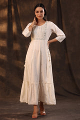 Women's Ivory Rayon Staple Printed Embroidered Flared Dress