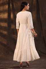 Women's Ivory Rayon Staple Printed Embroidered Flared Dress