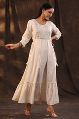 Women's Ivory Rayon Staple Printed Embroidered Flared Dress