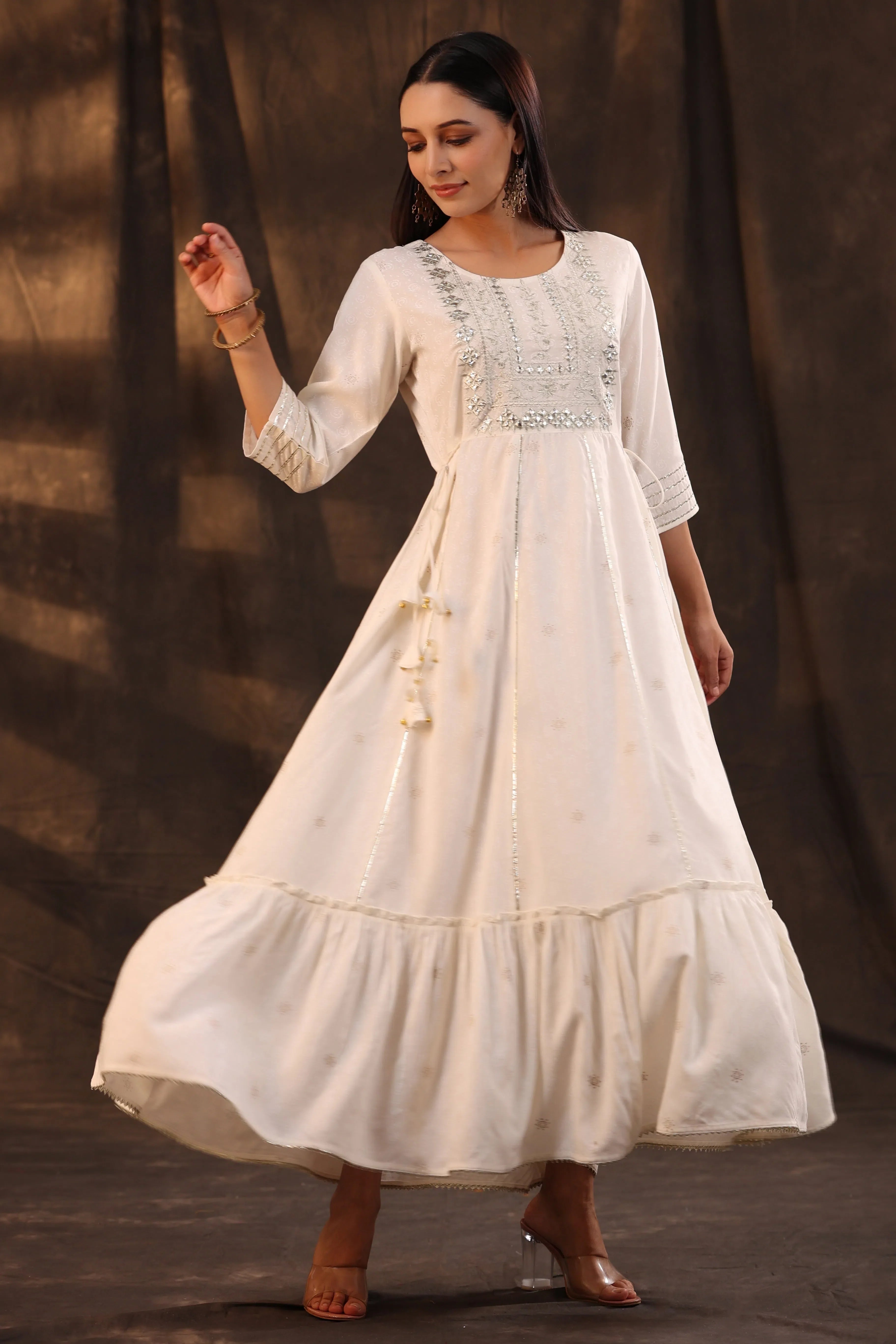 Ivory Printed Flared Dress - Women's Western Wear Outfits