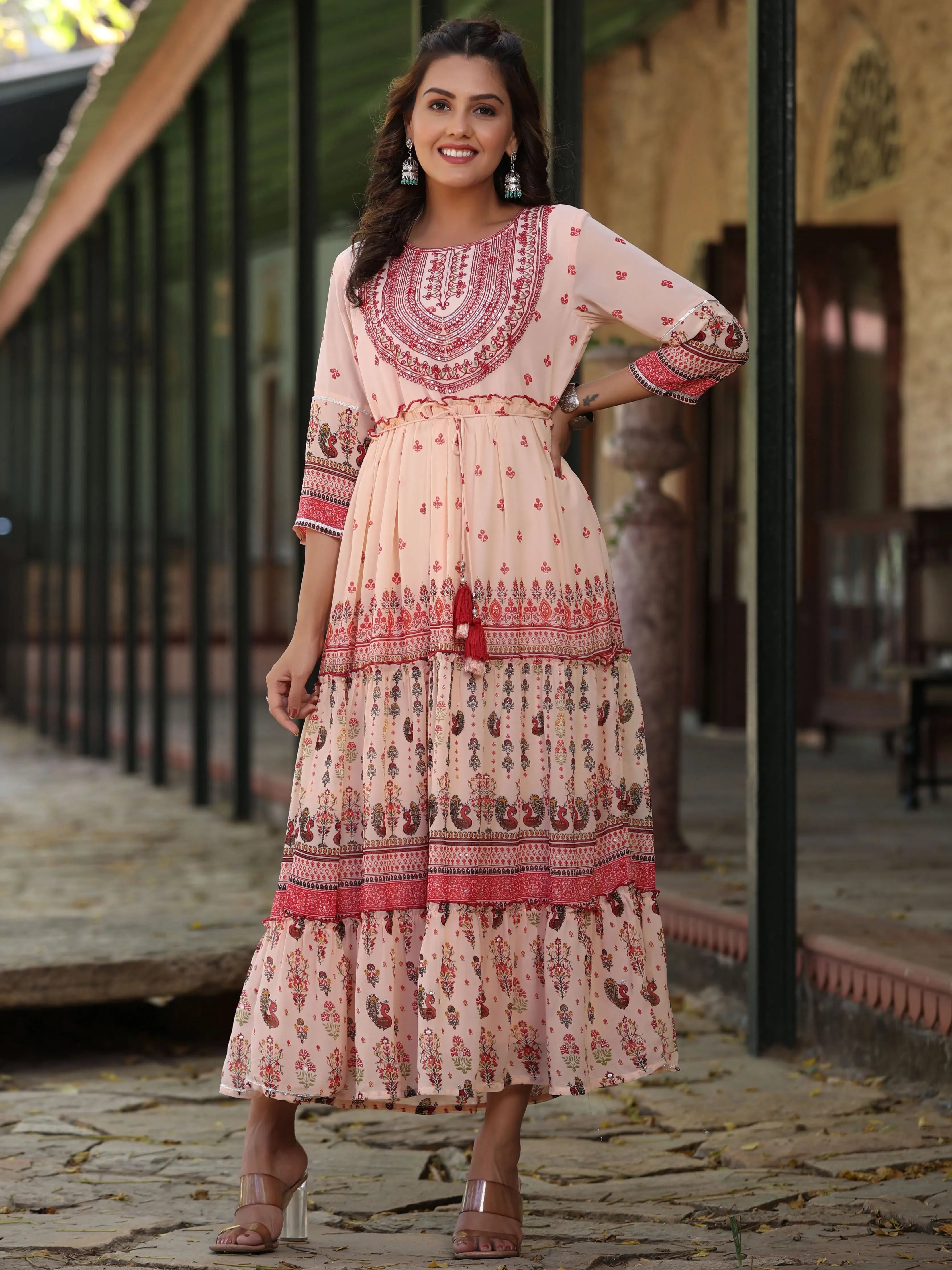 Peach Floral Embroidered Maxi Dress - Indian Dresses Online Pink / L Peach Floral Embroidered Maxi Dress - Indian Dresses Online Pink / L