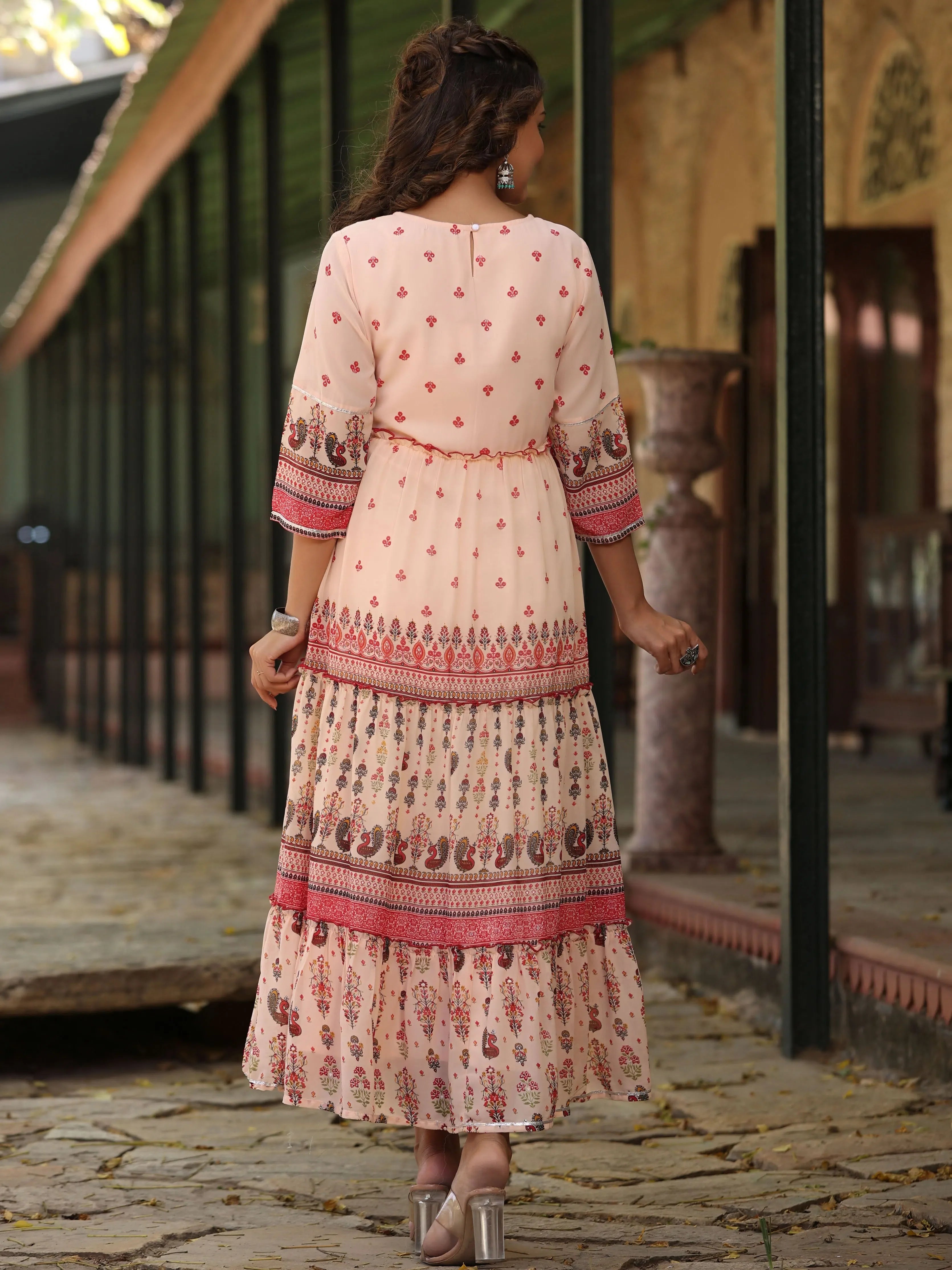 Peach Floral Embroidered Maxi Dress - Indian Dresses Online Pink / L Peach Floral Embroidered Maxi Dress - Indian Dresses Online Pink / L