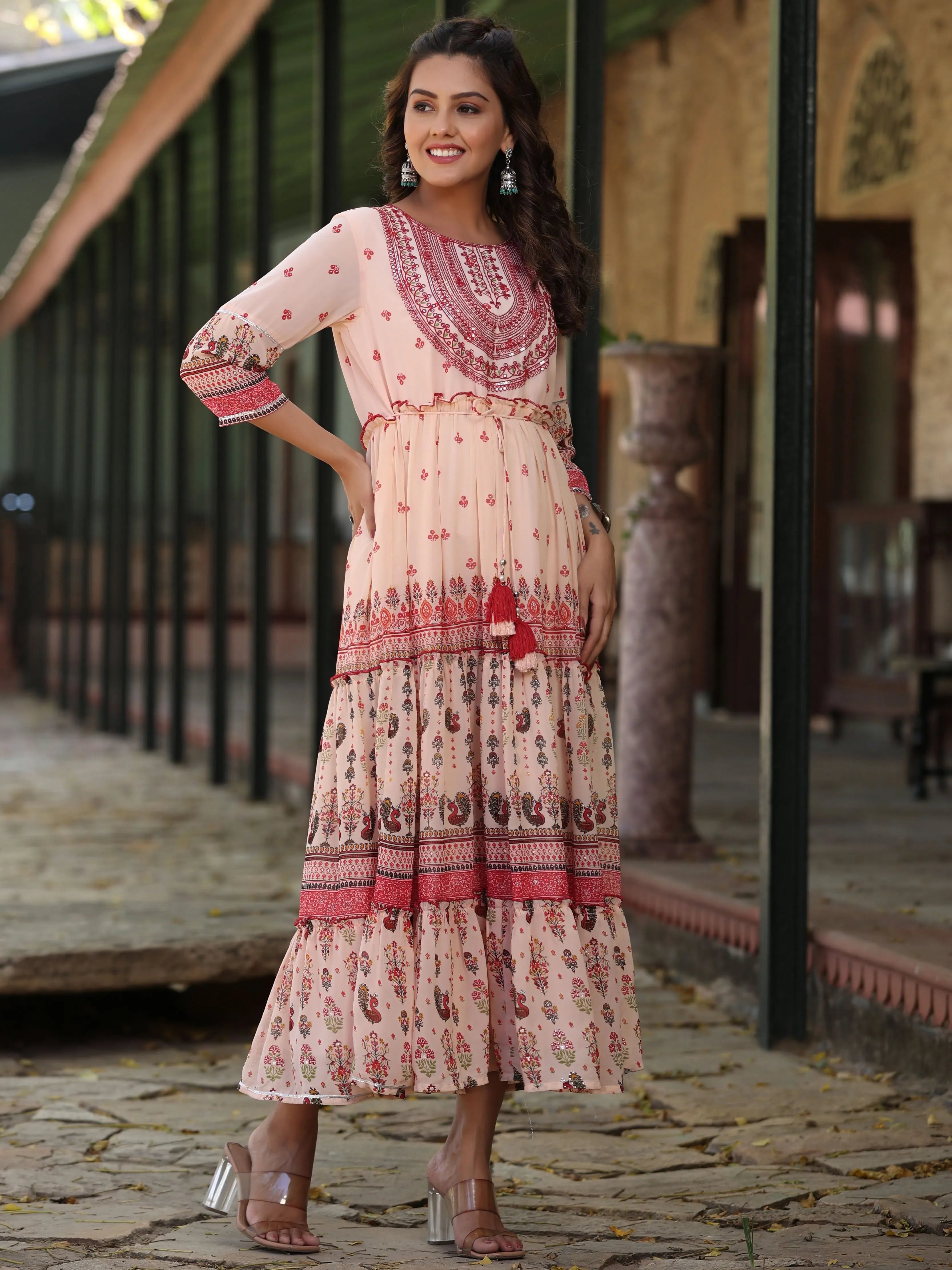 ladies peach dresses Peach Floral Embroidered Maxi Dress
