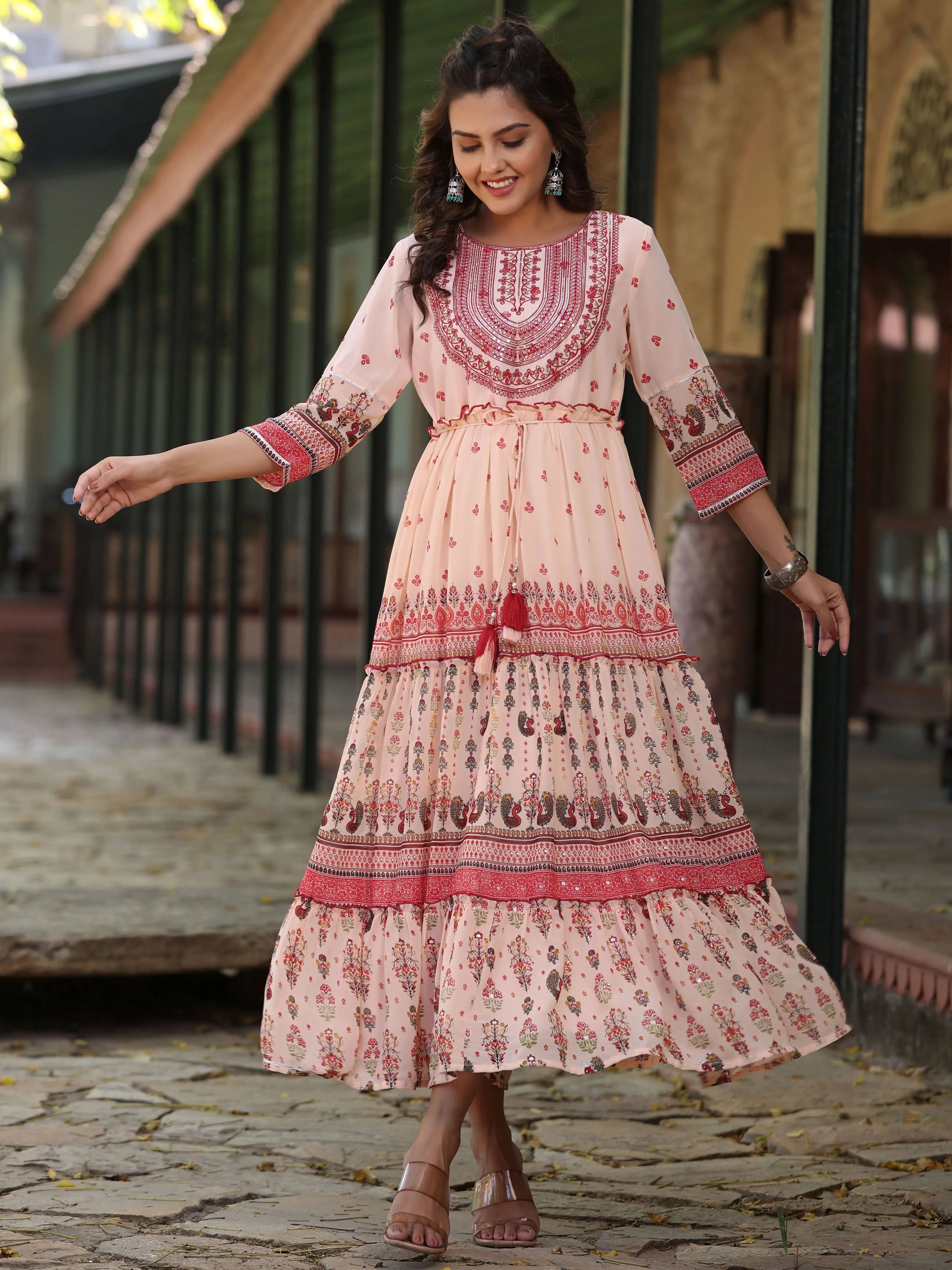 Peach Floral Embroidered Maxi Dress - Indian Dresses Online Peach Floral Embroidered Maxi Dress - Indian Dresses Online