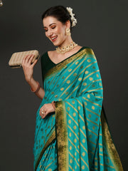 Women's Georgette Blue Woven Design Designer Saree With Blouse Piece-35ALEKHA3502