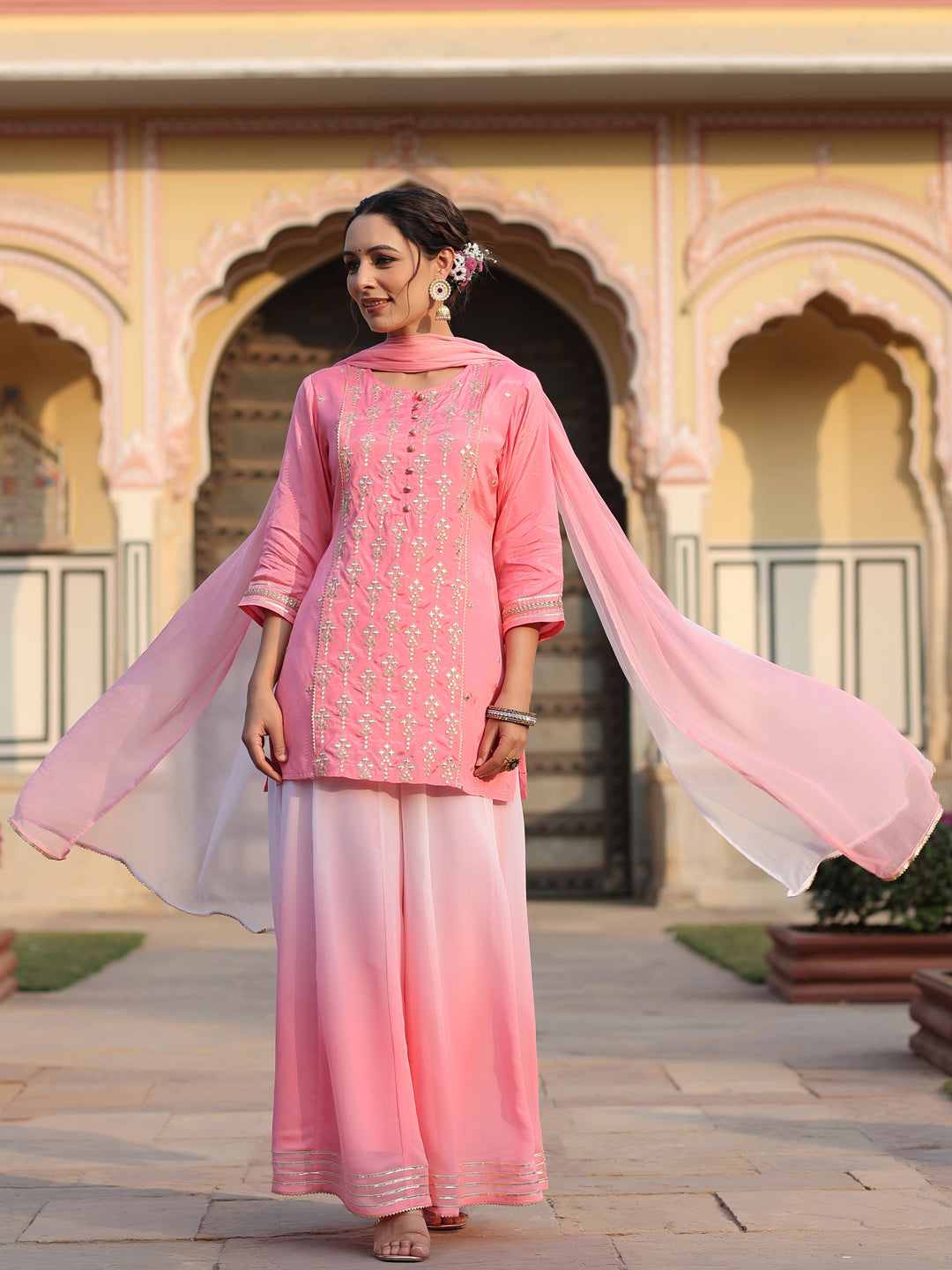 Pink Solid Viscose Kurta Pant & Dupatta With Mirror Work & Gota Patti 
