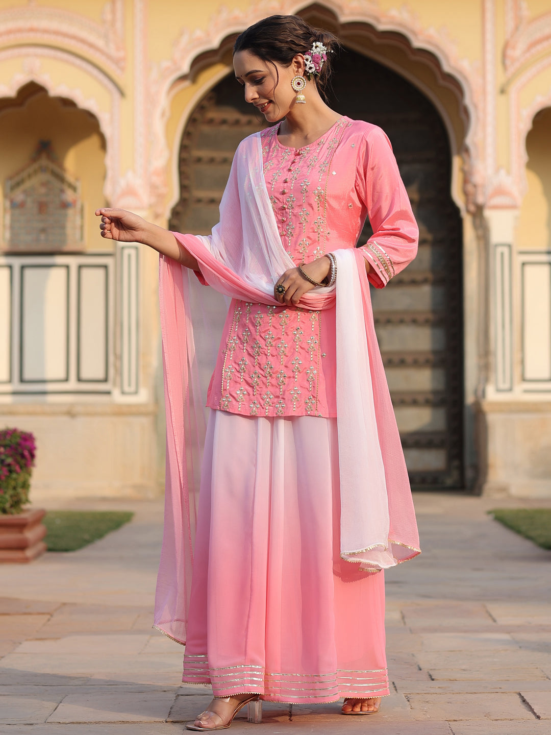 Pink Solid Viscose Kurta Pant & Dupatta With Mirror Work & Gota Patti 