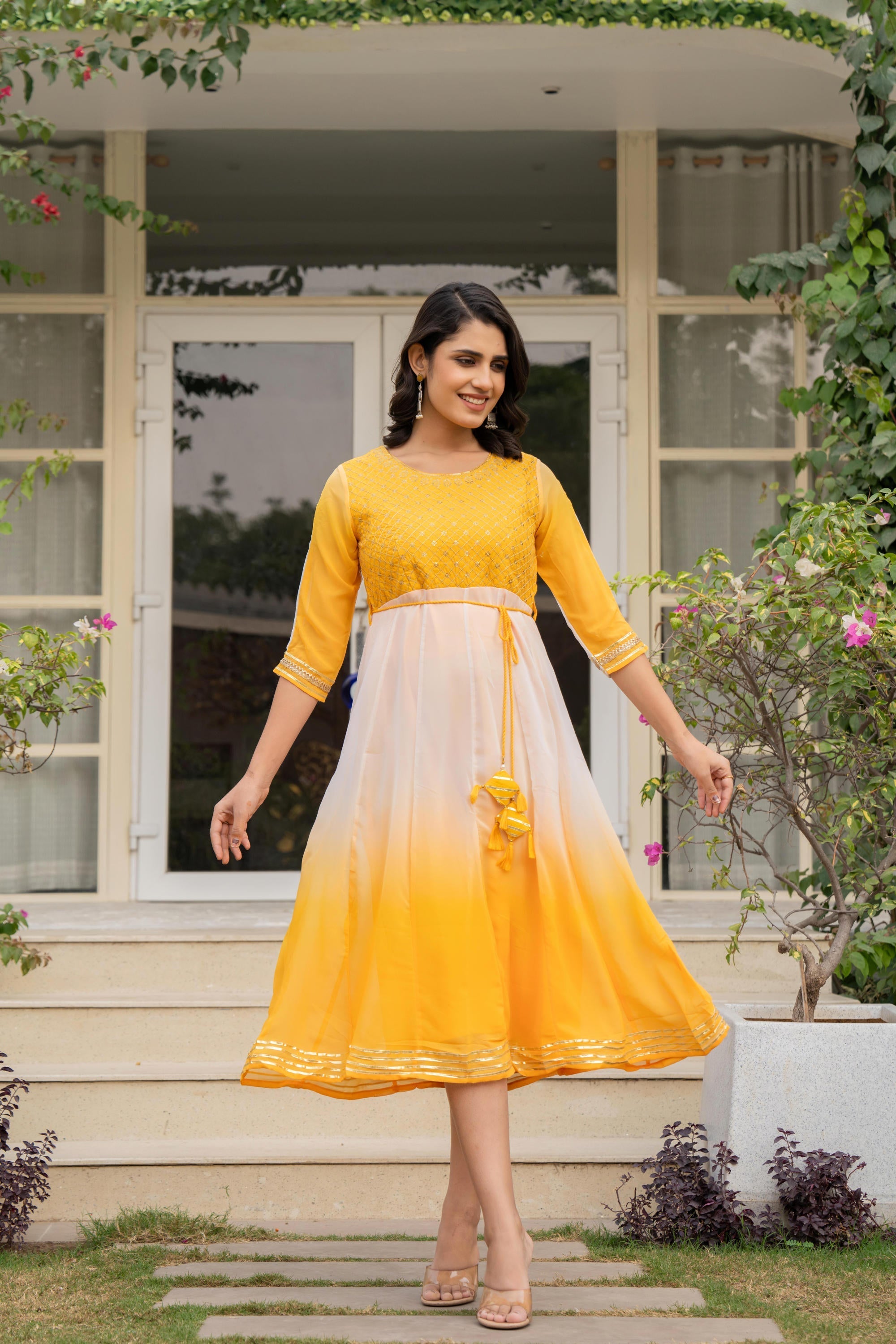 Yellow Printed Georgette Dress With Doris At Waist & Sequins | DesiQlo