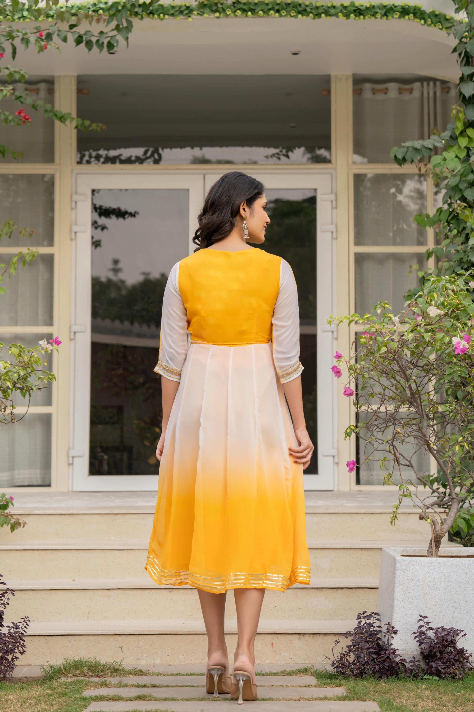 Yellow Printed Georgette Dress With Doris At Waist & Sequins | DesiQlo