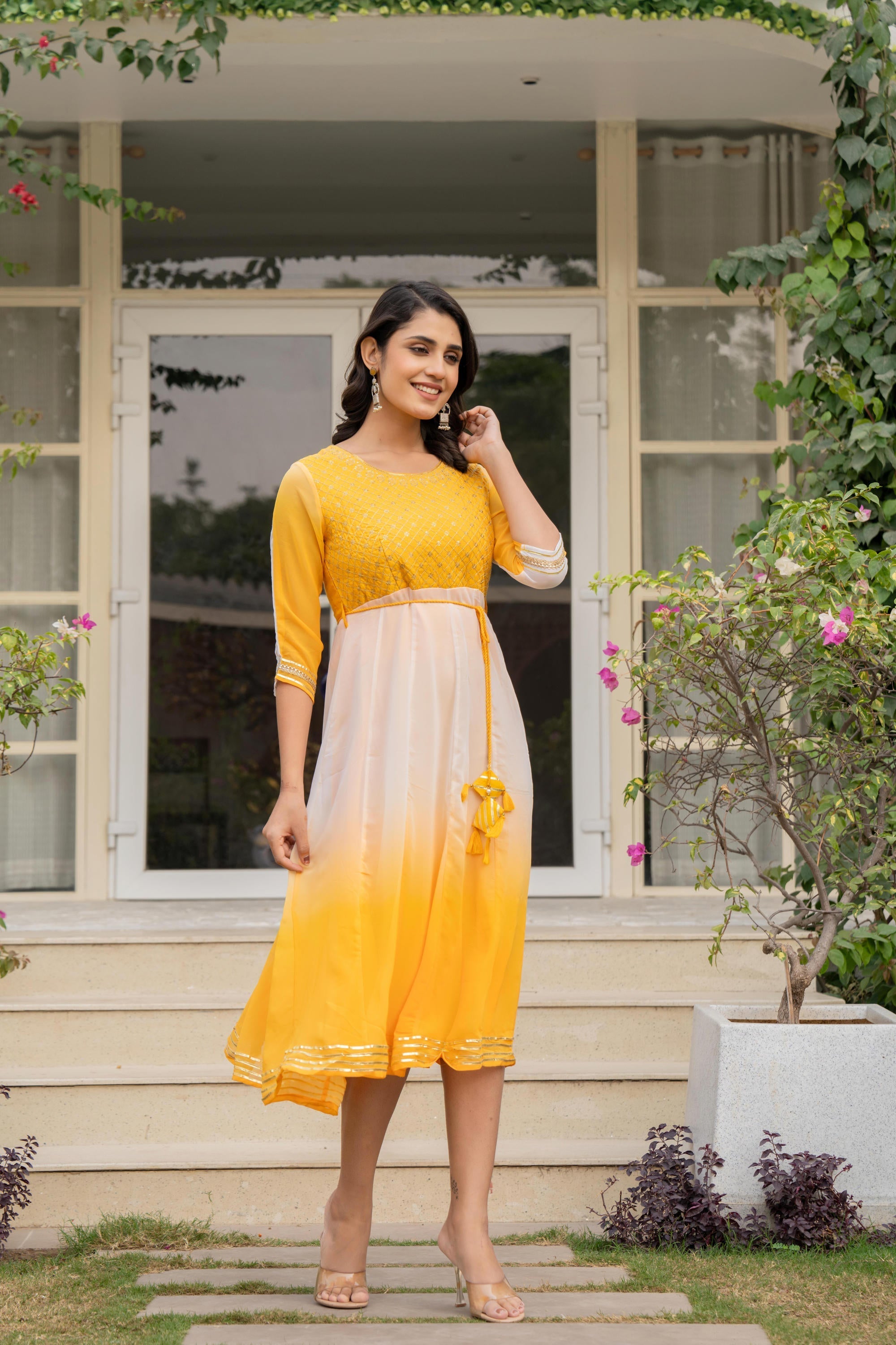 Yellow Printed Georgette Dress With Doris At Waist & Sequins | DesiQlo